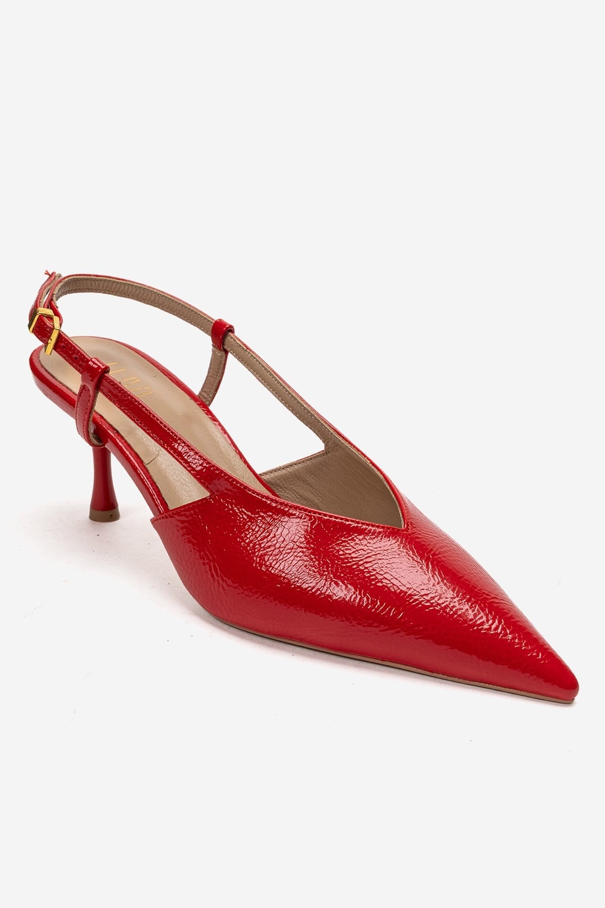 Irena - Red Genuine Leather Pointed Slingback Stiletto Pump – detail view showing leather, red, SimmiUnique