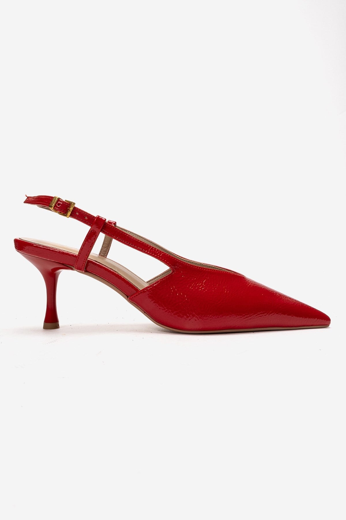Irena - Red Genuine Leather Pointed Slingback Stiletto Pump – heel view showing leather, red, SimmiUnique