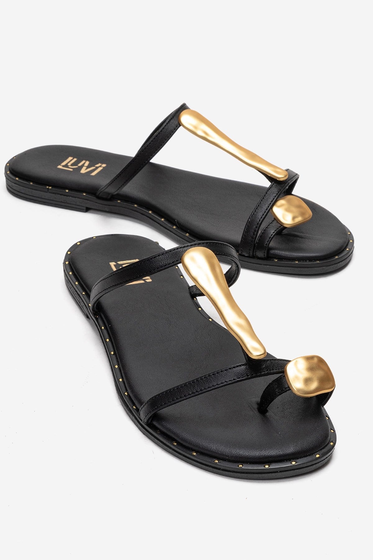 TESSA - Black Genuine Leather Thong Sandal – front three-quarter view showing leather, black, gold, SimmiUnique
