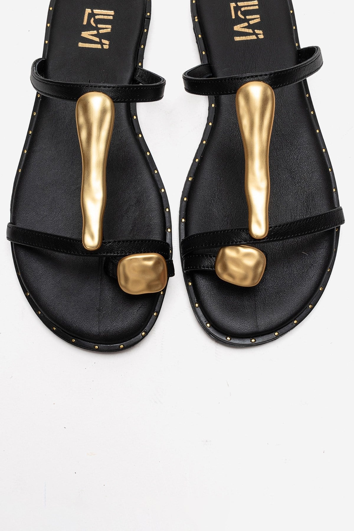 TESSA - Black Genuine Leather Thong Sandal – side view showing leather, black, gold, SimmiUnique