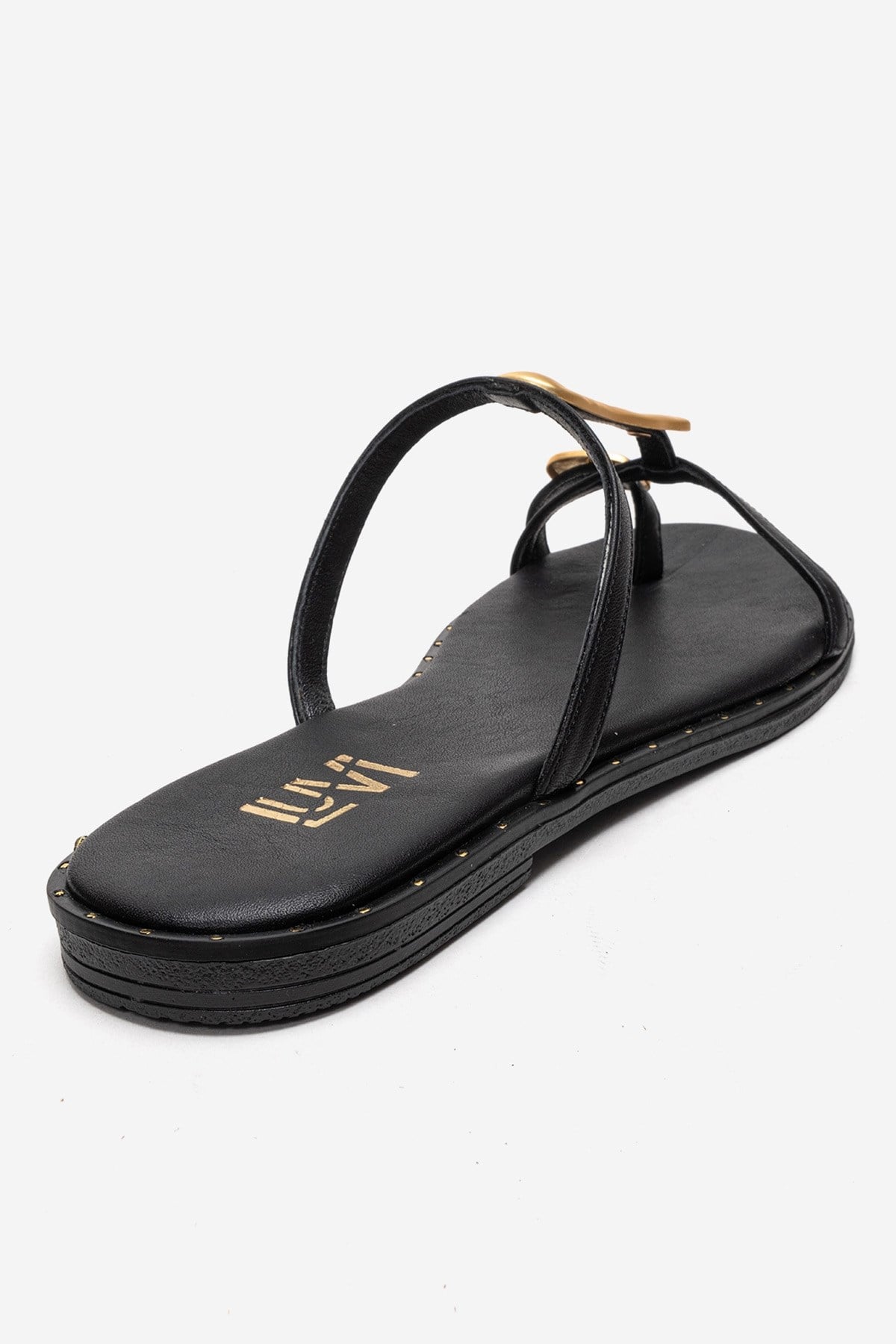 TESSA - Black Genuine Leather Thong Sandal – back view showing leather, black, gold, SimmiUnique