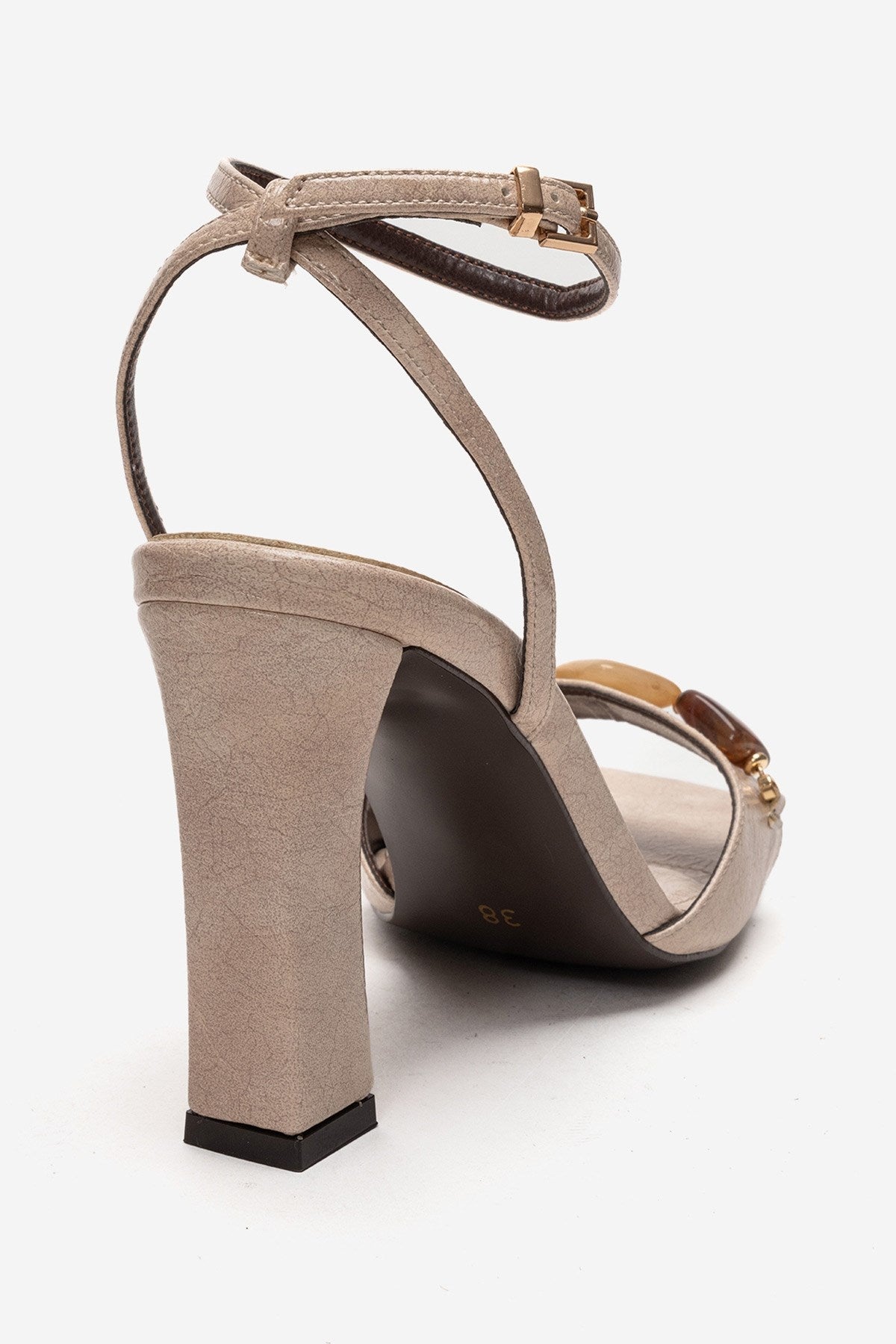 Franca - Beige Natural Stone Buckle Block Heel Shoe – back view showing leather, SimmiUnique