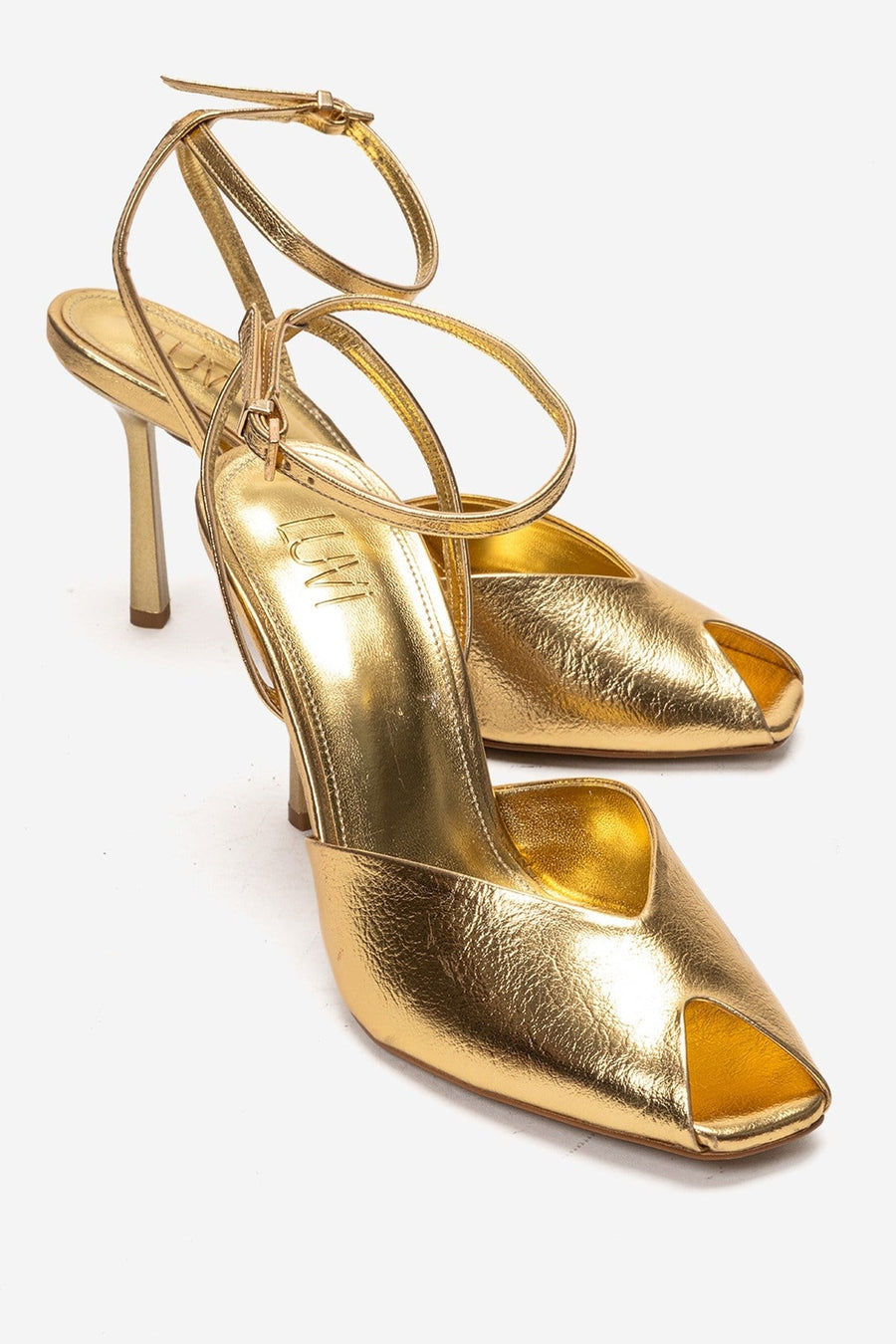 SLATE - Gold Genuine Leather Ankle-Strap Stiletto Pump