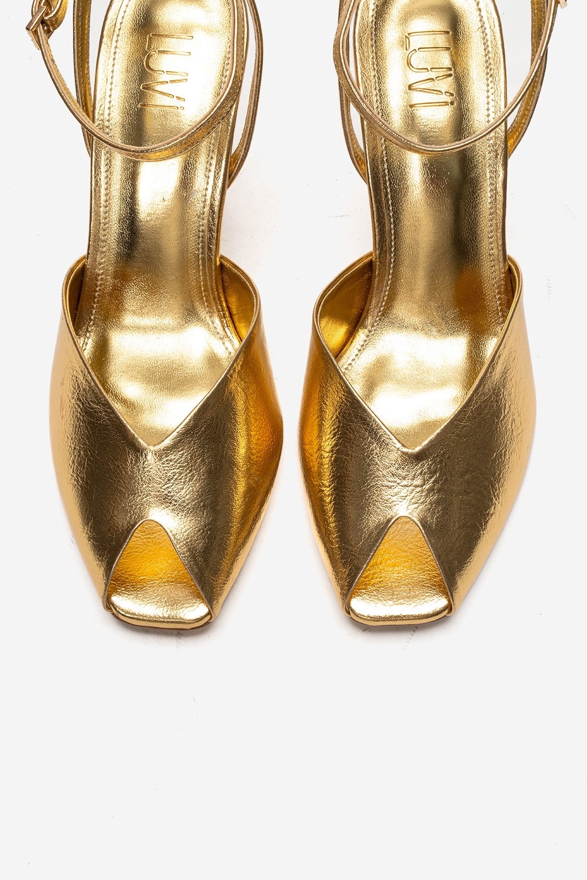 SLATE - Gold Genuine Leather Ankle-Strap Stiletto Pump – side view showing leather, metallic, gold, SimmiUnique