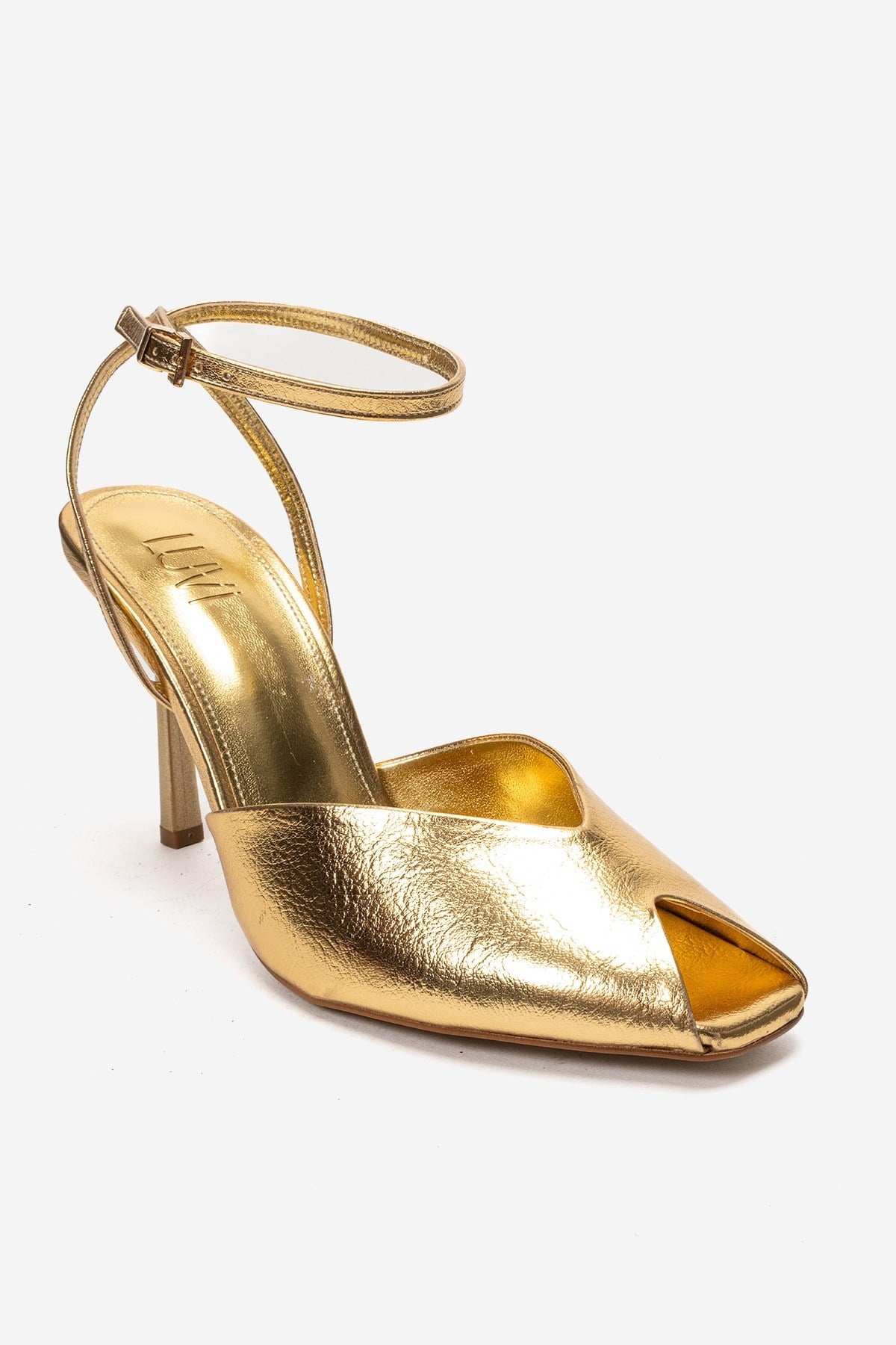 SLATE - Gold Genuine Leather Ankle-Strap Stiletto Pump – detail view showing leather, metallic, gold, SimmiUnique