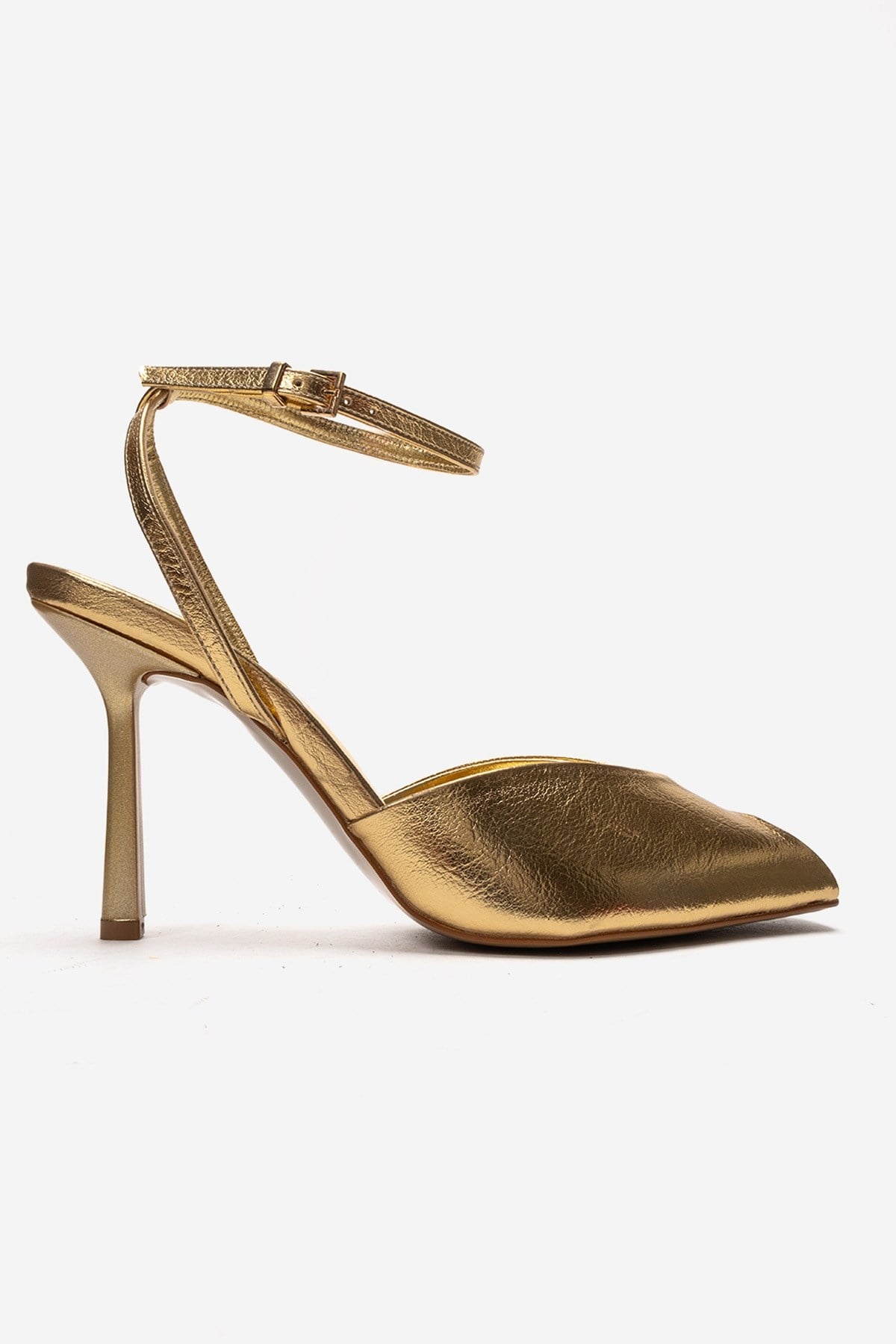 SLATE - Gold Genuine Leather Ankle-Strap Stiletto Pump – heel view showing leather, metallic, gold, SimmiUnique