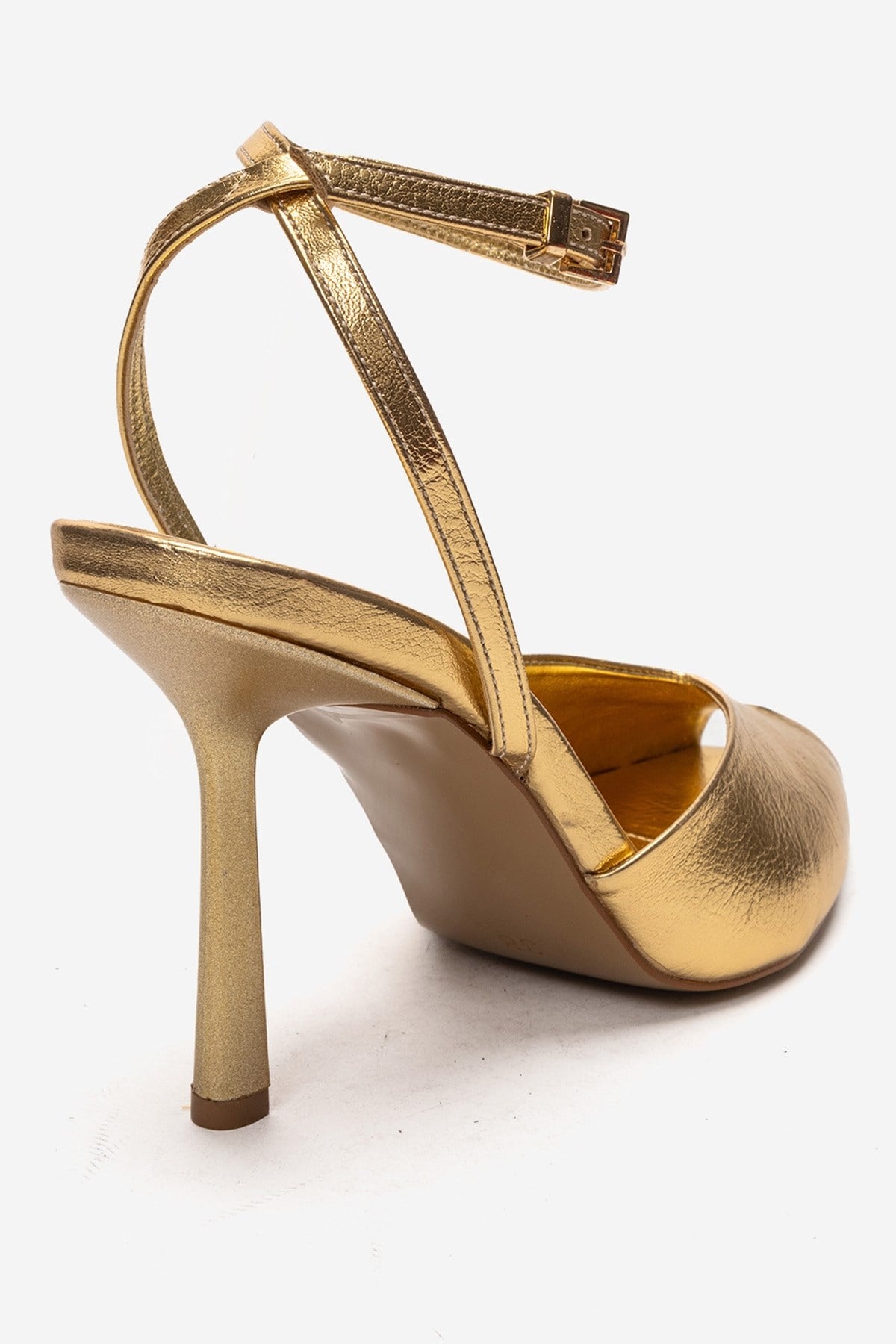 SLATE - Gold Genuine Leather Ankle-Strap Stiletto Pump – back view showing leather, metallic, gold, SimmiUnique