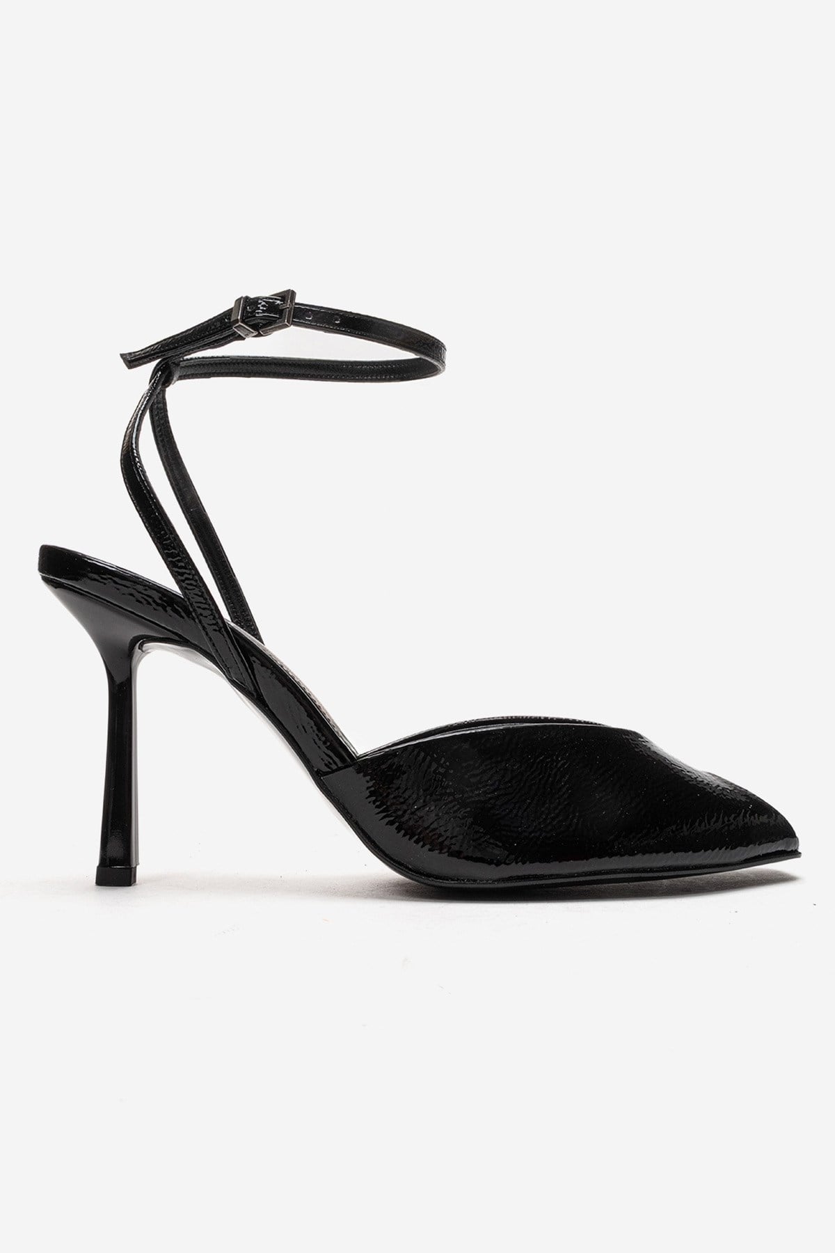 SLATE - Black Genuine Leather Ankle-Strap Stiletto Pump – heel view showing leather, black, SimmiUnique