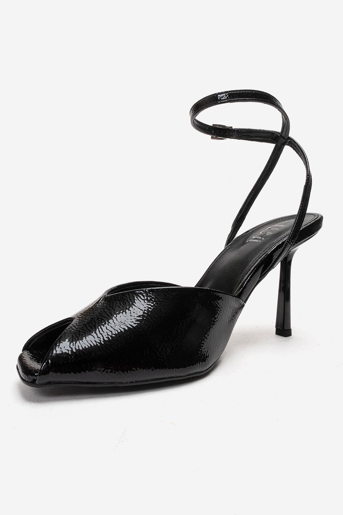 SLATE - Black Genuine Leather Ankle-Strap Stiletto Pump – top view showing leather, black, SimmiUnique