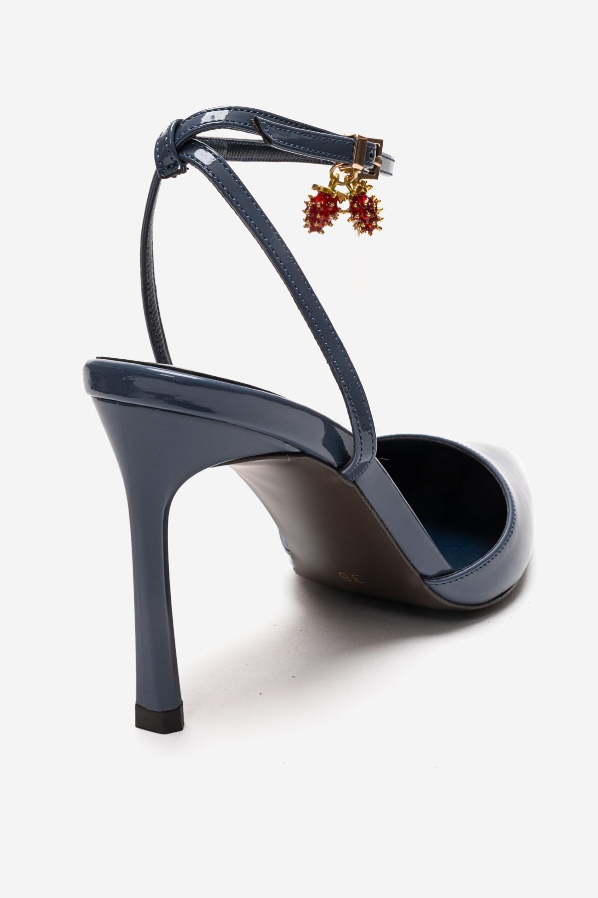 THALIA - Smoky Blue Patent Stiletto Pump – heel view showing leather, blue, SimmiUnique
