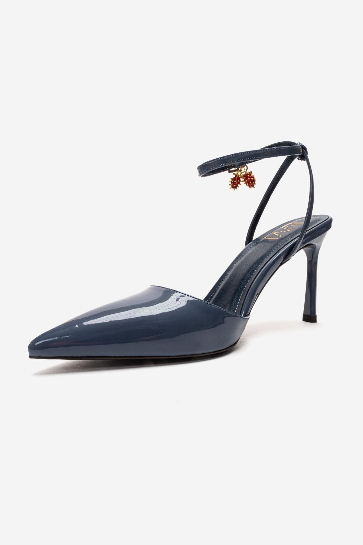 THALIA - Smoky Blue Patent Stiletto Pump – back view showing leather, blue, SimmiUnique