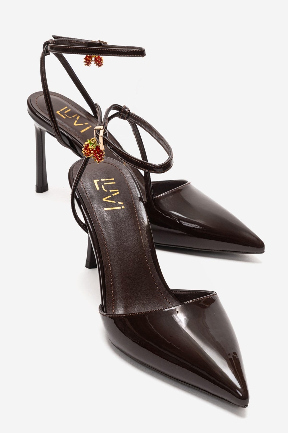 THALIA - Brown Patent Stiletto Pump – front three-quarter view showing leather, SimmiUnique