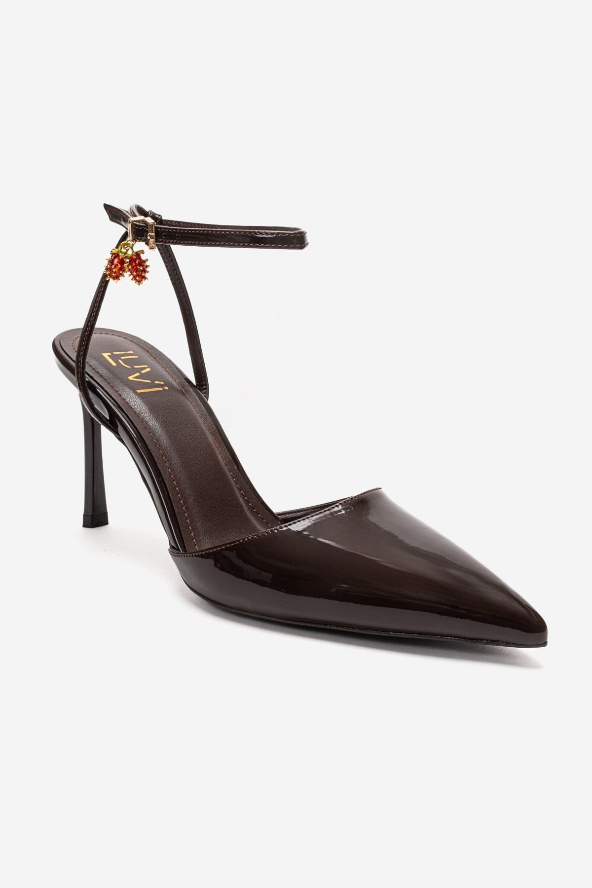 THALIA - Brown Patent Stiletto Pump – detail view showing leather, SimmiUnique