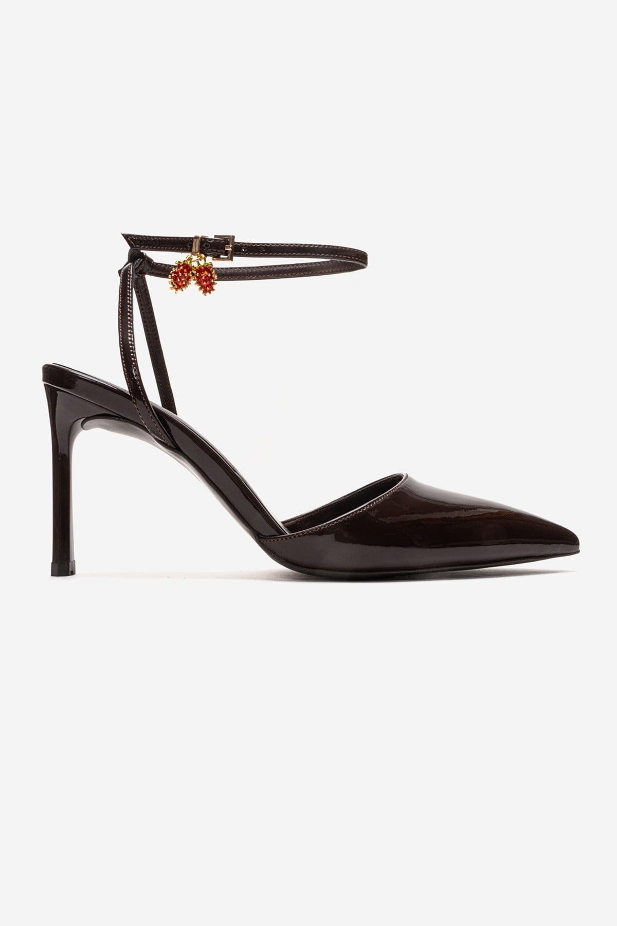 THALIA - Brown Patent Stiletto Pump – heel view showing leather, SimmiUnique