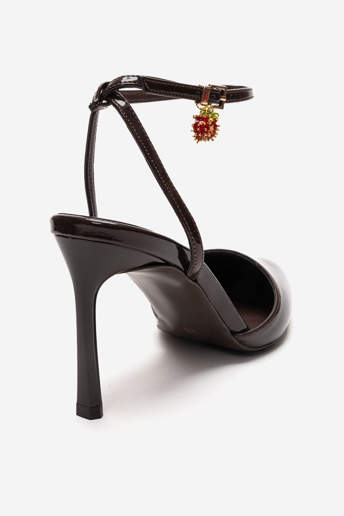 THALIA - Brown Patent Stiletto Pump – back view showing leather, SimmiUnique