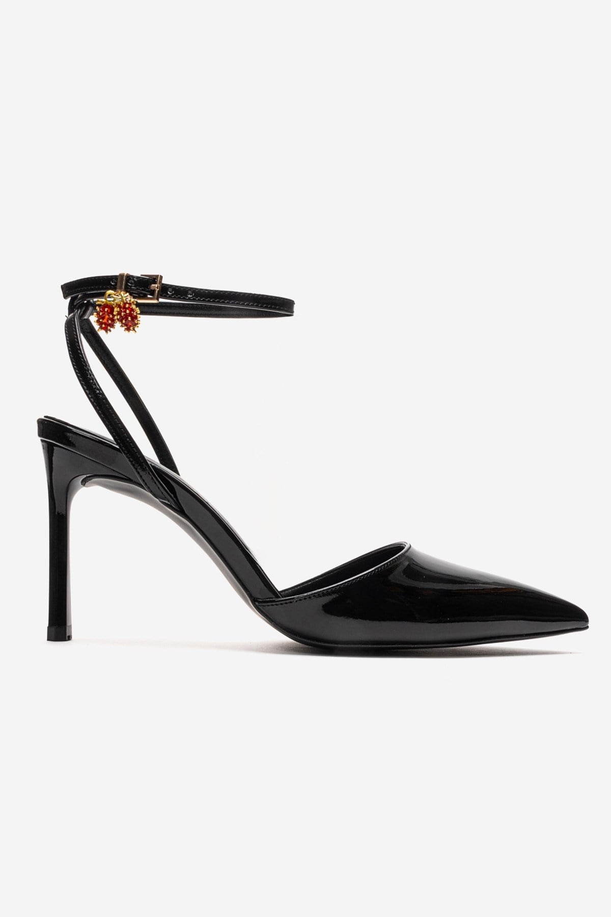 THALIA - Black Patent Stiletto Pump – heel view showing leather, black, SimmiUnique