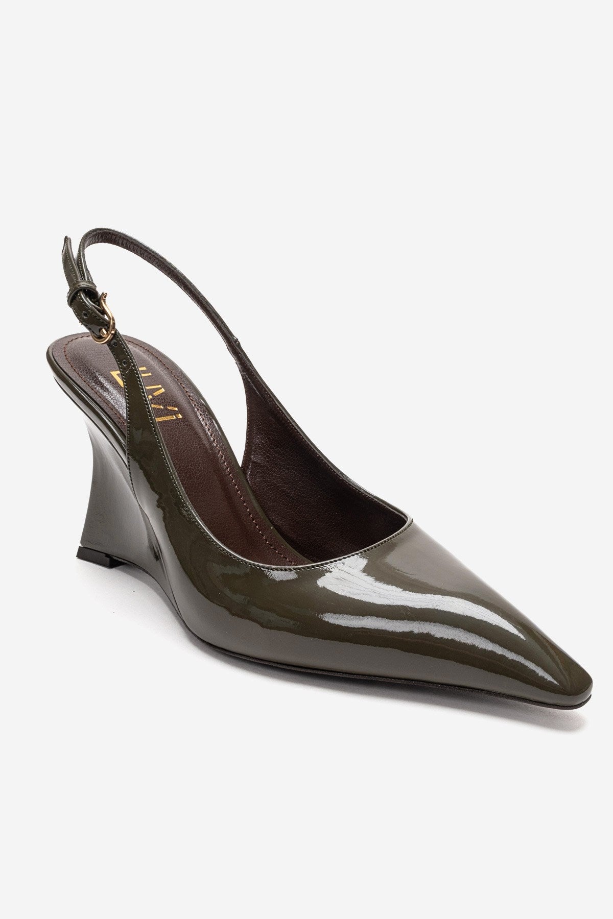 Felon - Khaki Wedge Heel Slingback Pump – detail view showing leather, SimmiUnique