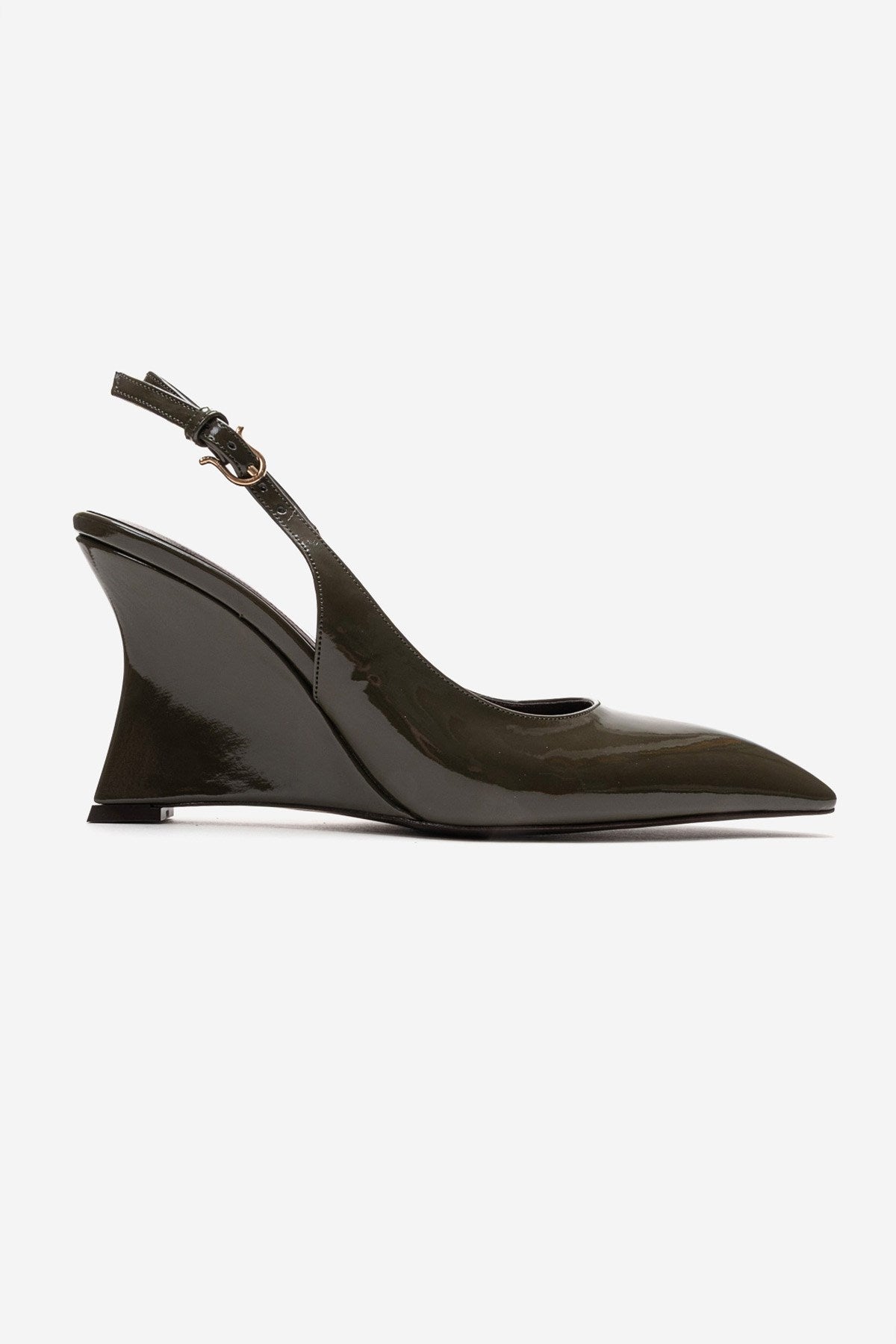 Felon - Khaki Wedge Heel Slingback Pump – heel view showing leather, SimmiUnique