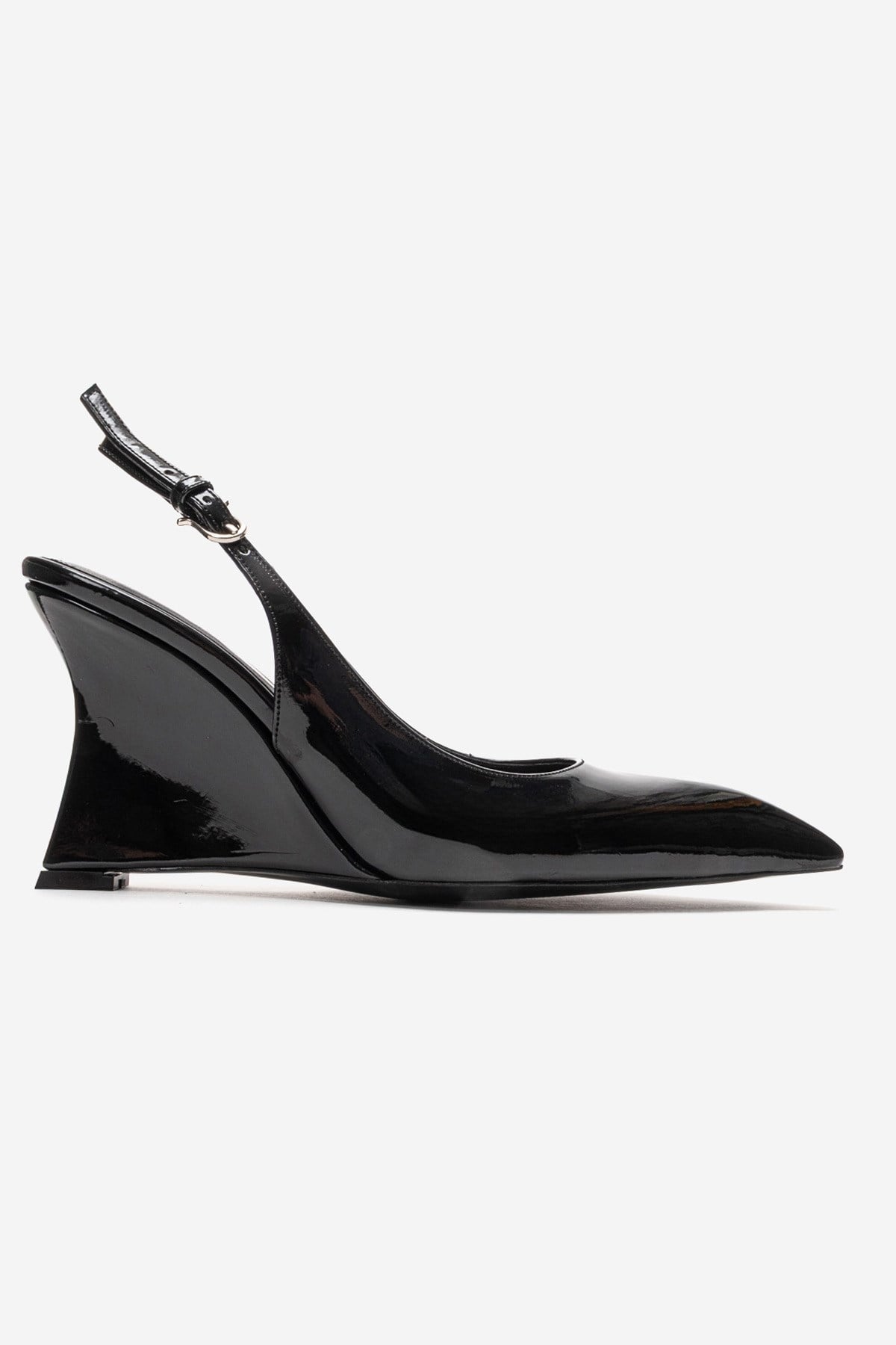Felon - Black Wedge Heel Slingback – heel view showing leather, black, SimmiUnique