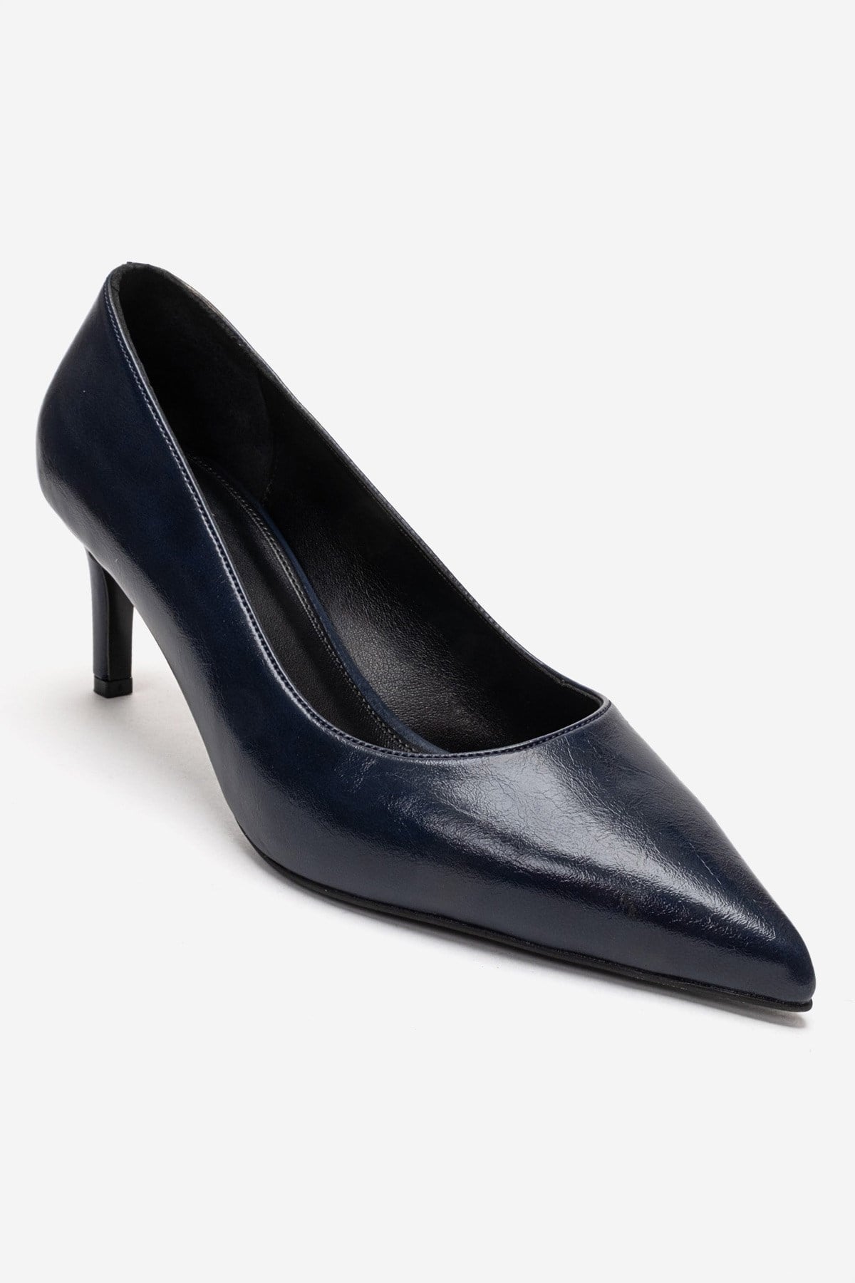 VELMIRA - Navy Genuine Leather Stiletto Pump – detail view showing leather, SimmiUnique