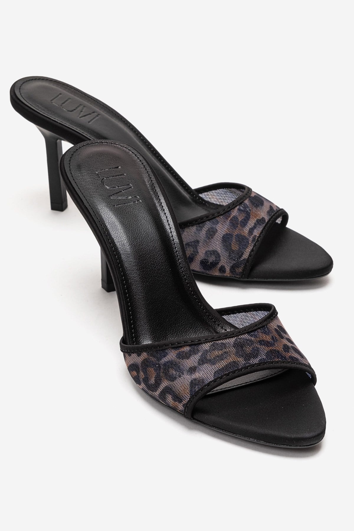 MONROE - Black Patterned Mesh Heeled Mule – front three-quarter view showing leather, mesh, black, SimmiUnique