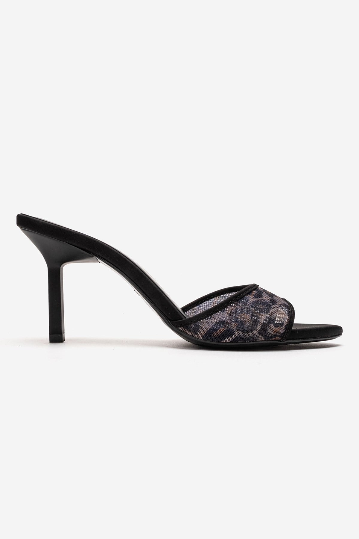 MONROE - Black Patterned Mesh Heeled Mule – heel view showing leather, mesh, black, SimmiUnique