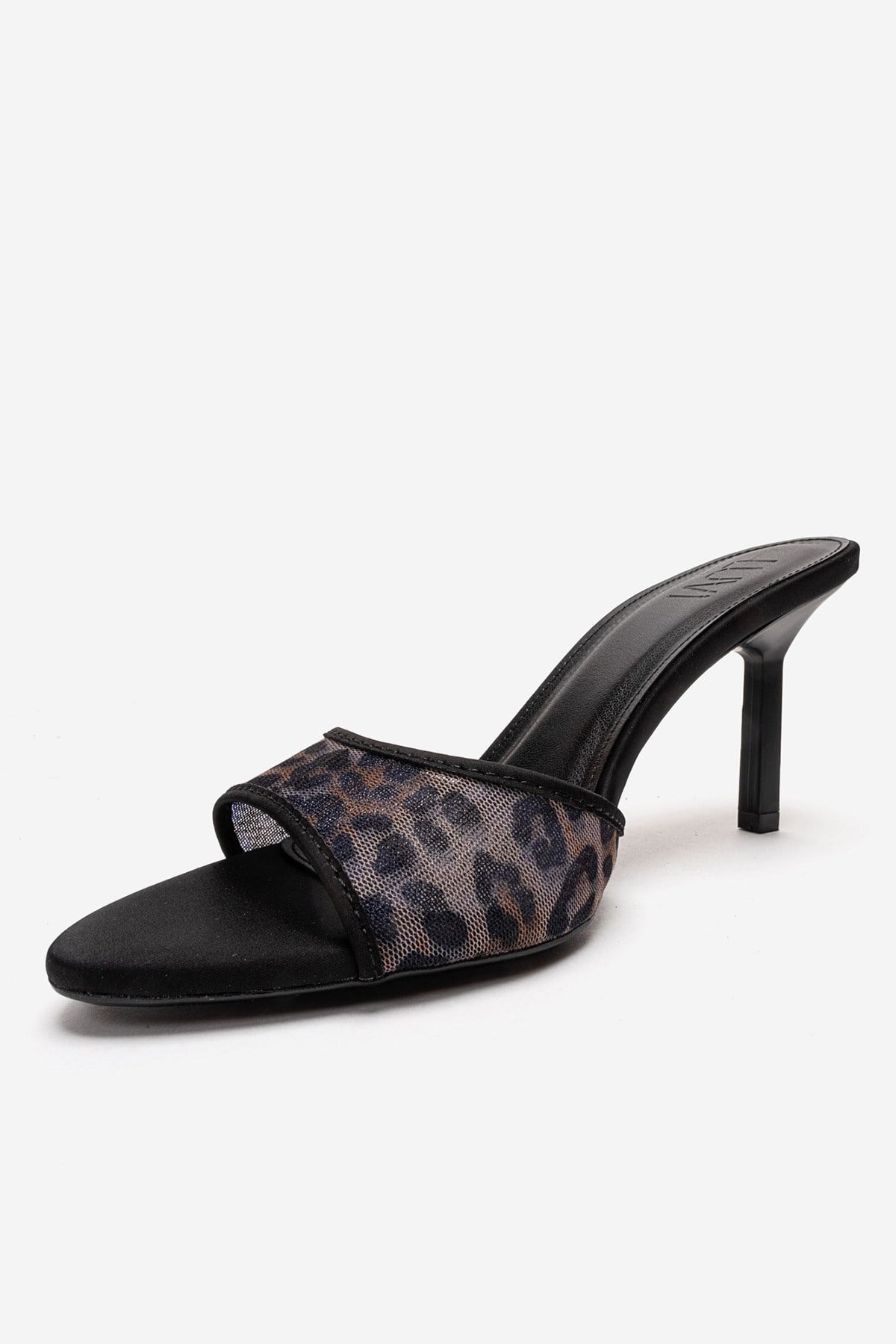 MONROE - Black Patterned Mesh Heeled Mule – top view showing leather, mesh, black, SimmiUnique