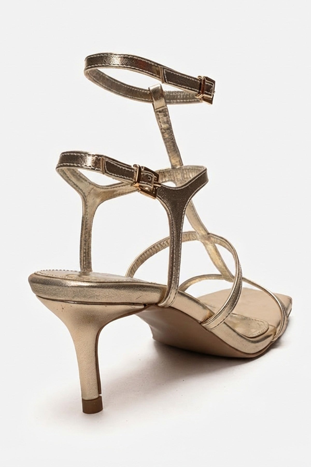 VIENTO - Gold Ankle-Strap Stiletto Pump – back view showing leather, gold, SimmiUnique