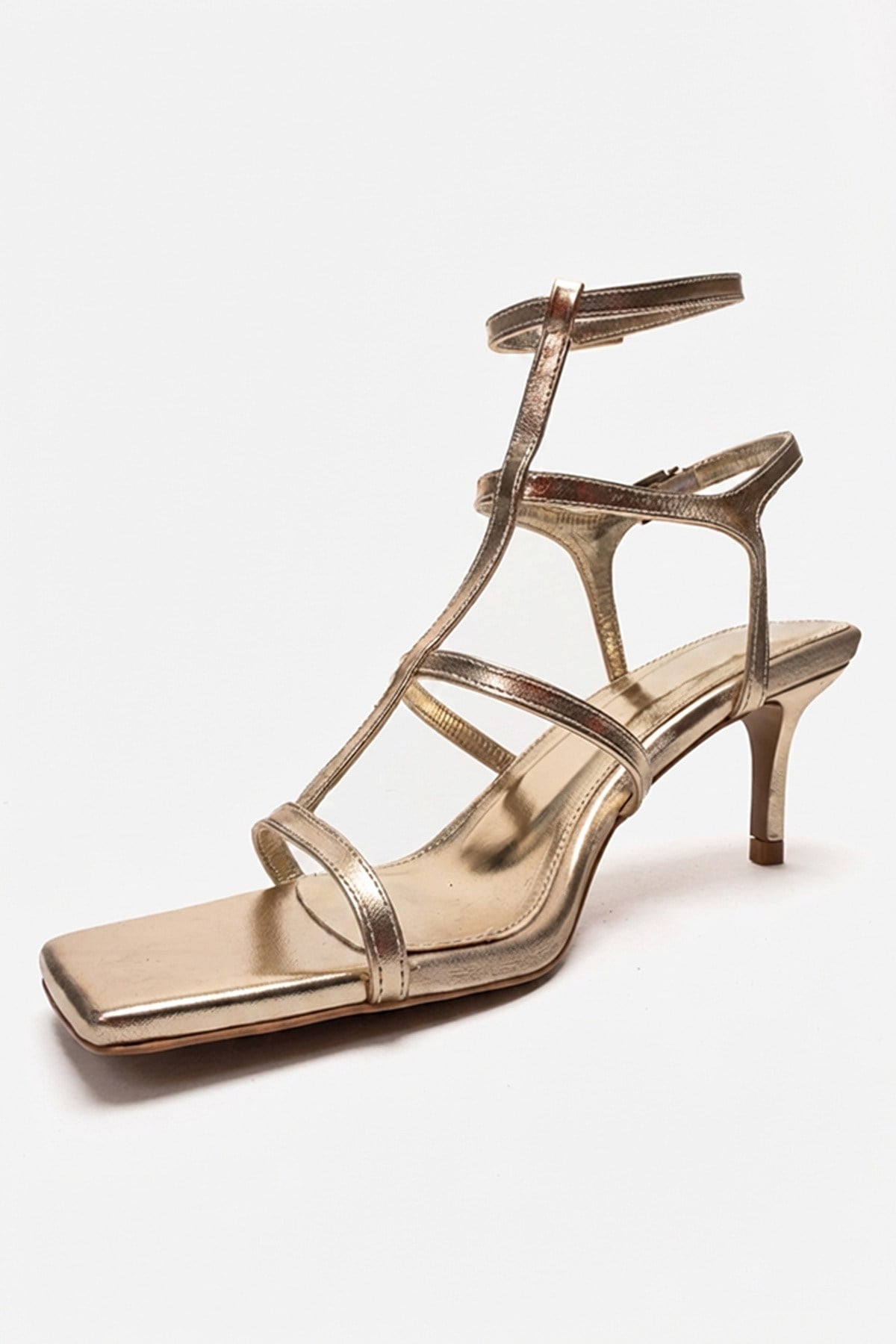 VIENTO - Gold Ankle-Strap Stiletto Pump – top view showing leather, gold, SimmiUnique