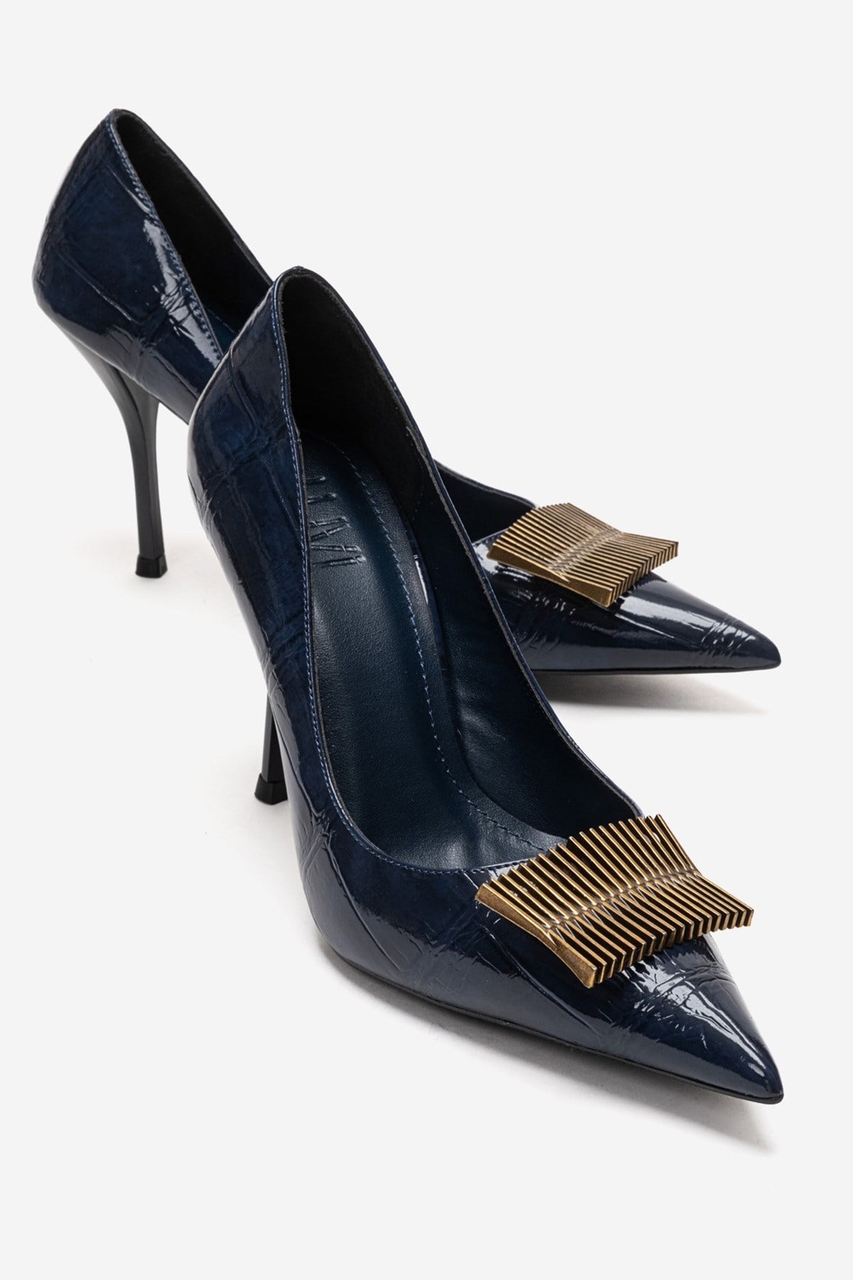 DEXEN - Navy Stiletto Pump – front three-quarter view showing leather, SimmiUnique