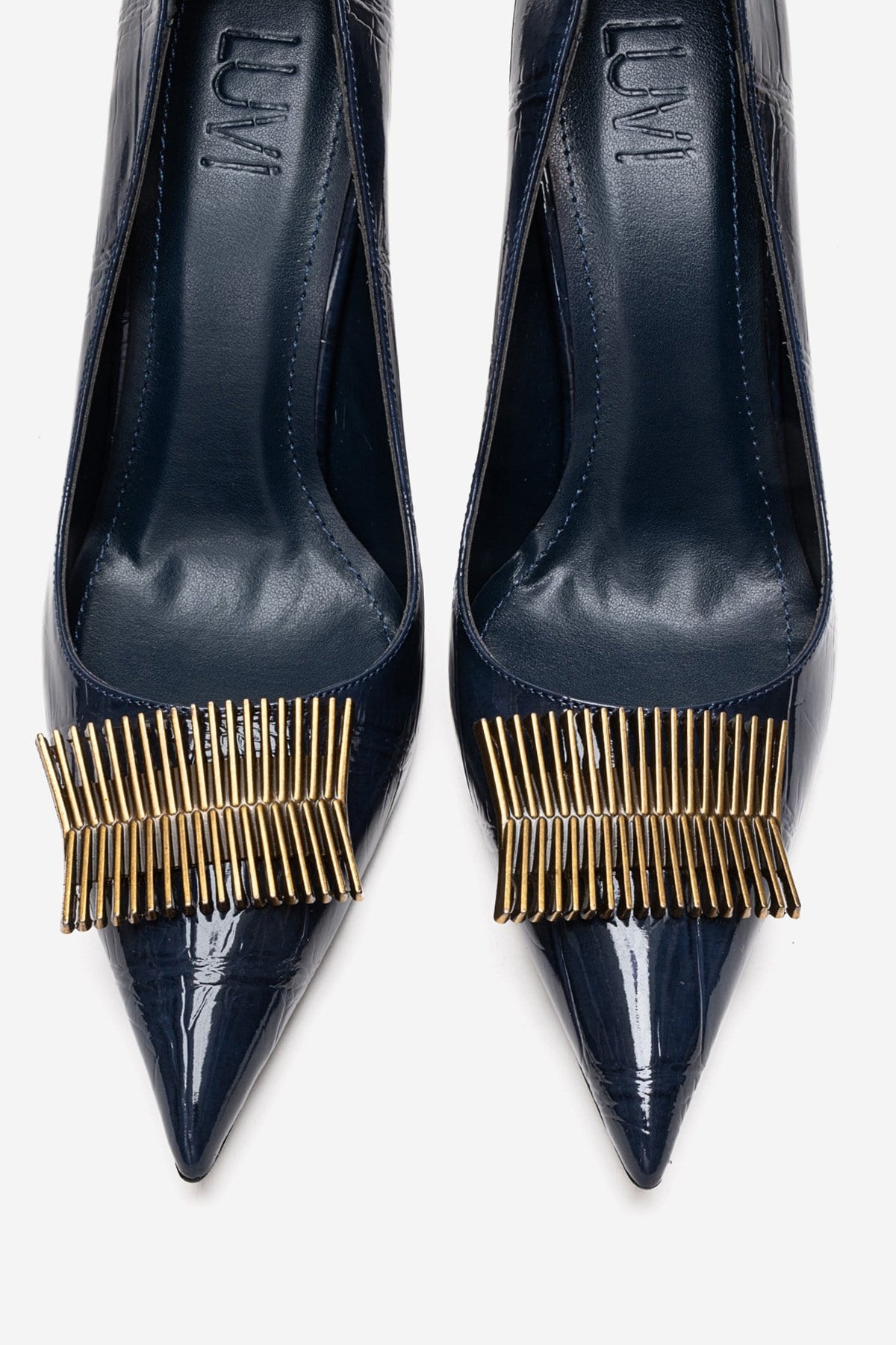 DEXEN - Navy Stiletto Pump – side view showing leather, SimmiUnique