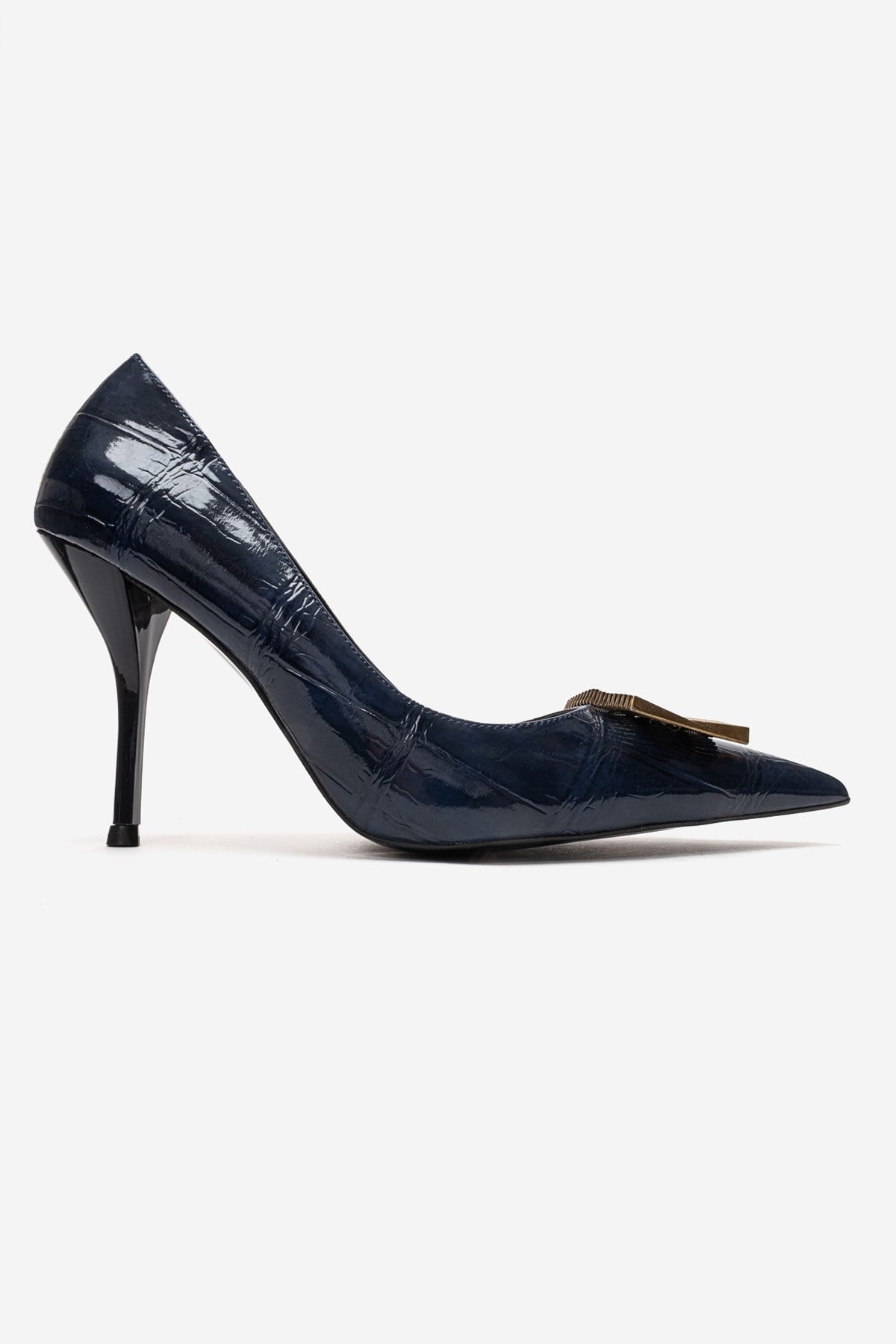 DEXEN - Navy Stiletto Pump – heel view showing leather, SimmiUnique