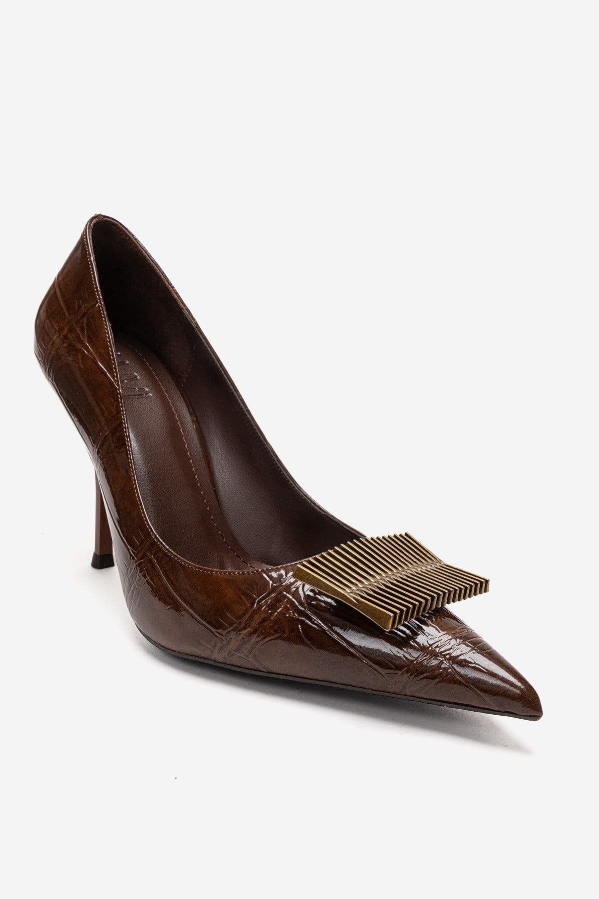 DEXEN - Brown Stiletto Pump – detail view showing leather, SimmiUnique