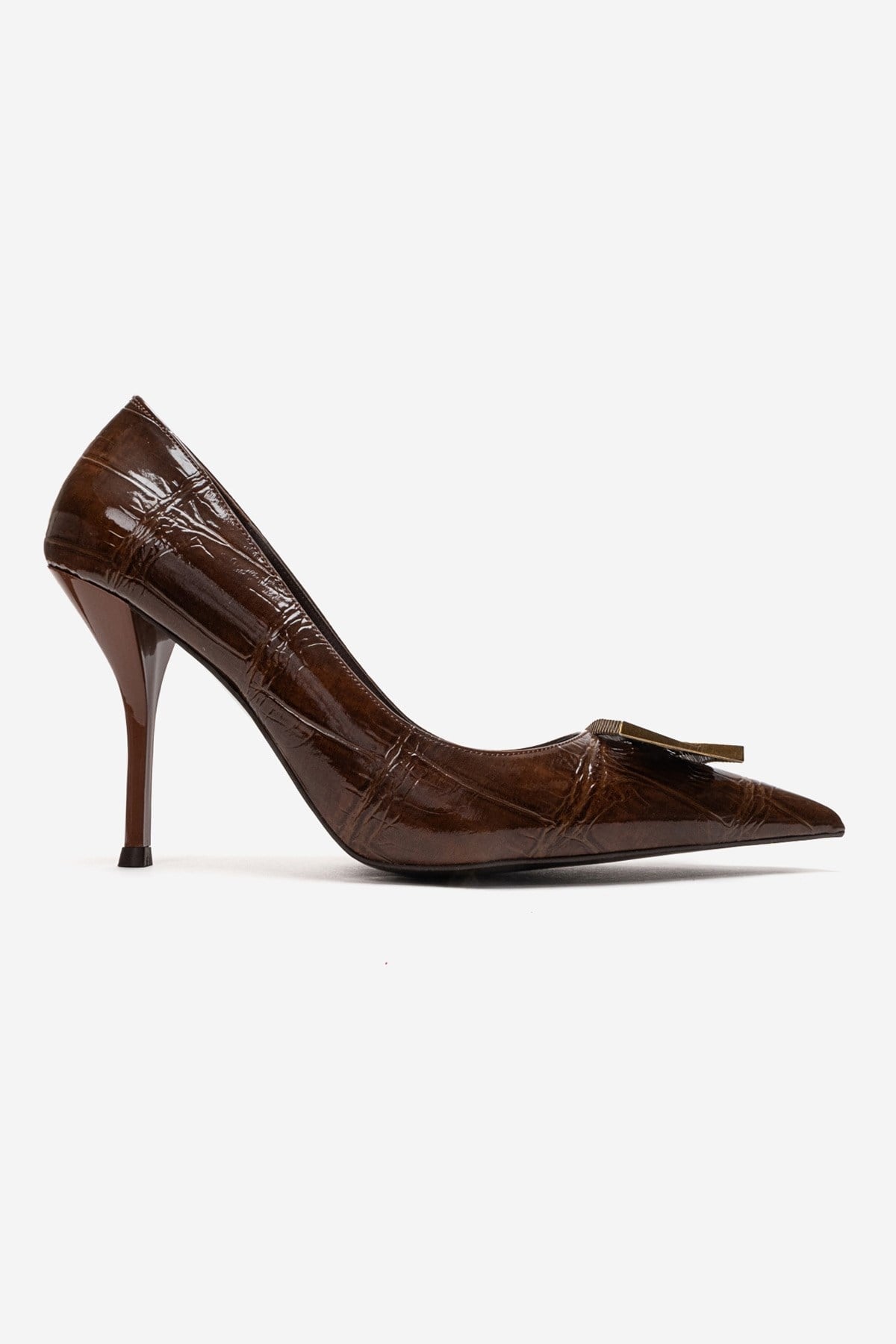 DEXEN - Brown Stiletto Pump – heel view showing leather, SimmiUnique