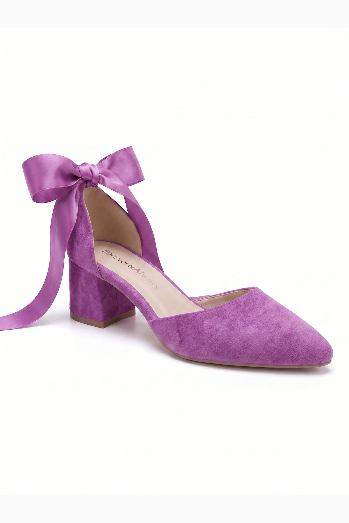 Fiona Fuchsia Suede Bow Ankle Strap Block Heel Pump – front three-quarter view showing bow, suede, red, SimmiUnique
