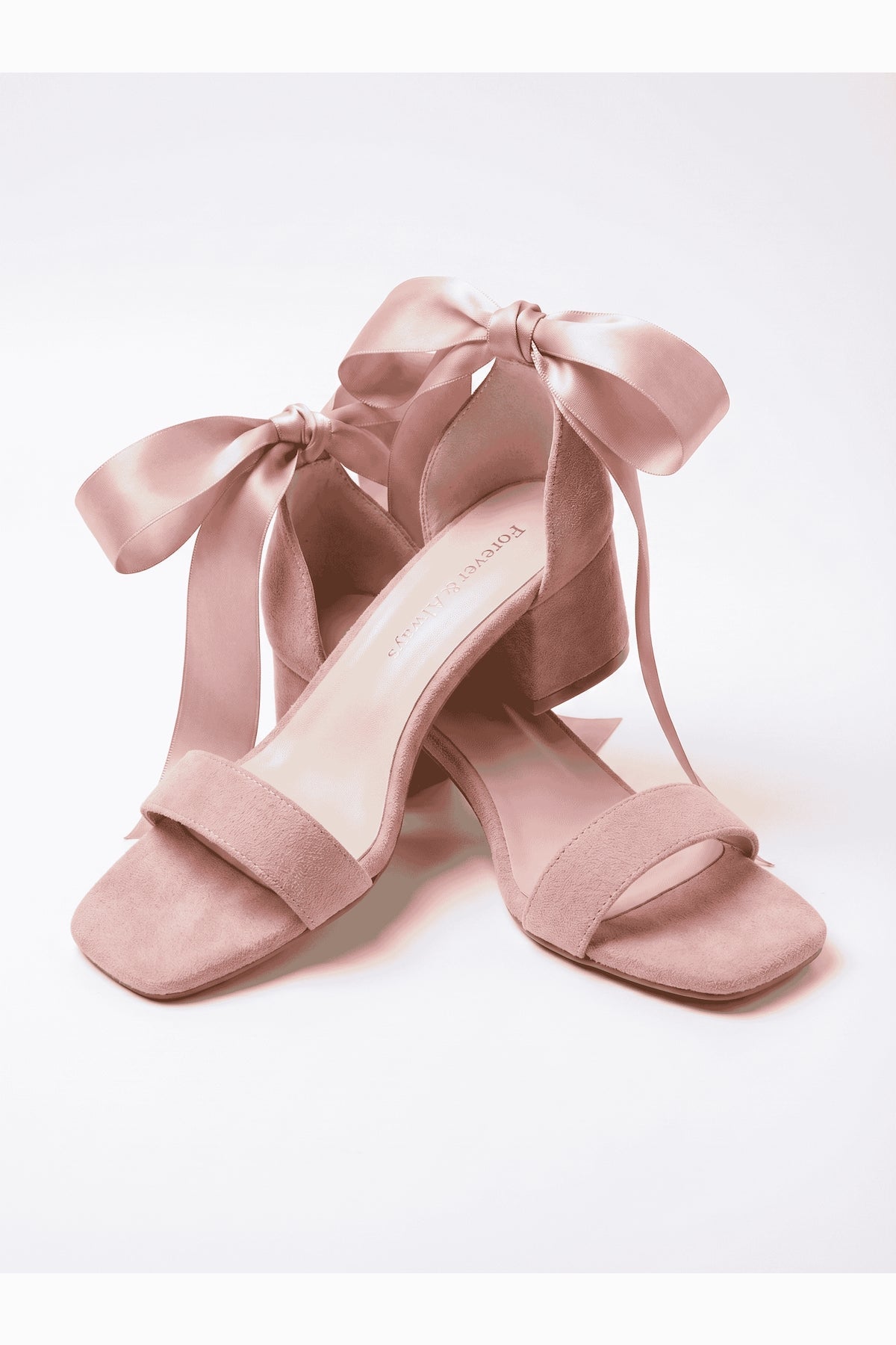 Rova Dusty Pink Suede Satin Bow Block Heel Sandal – heel view showing bow, satin, suede, SimmiUnique