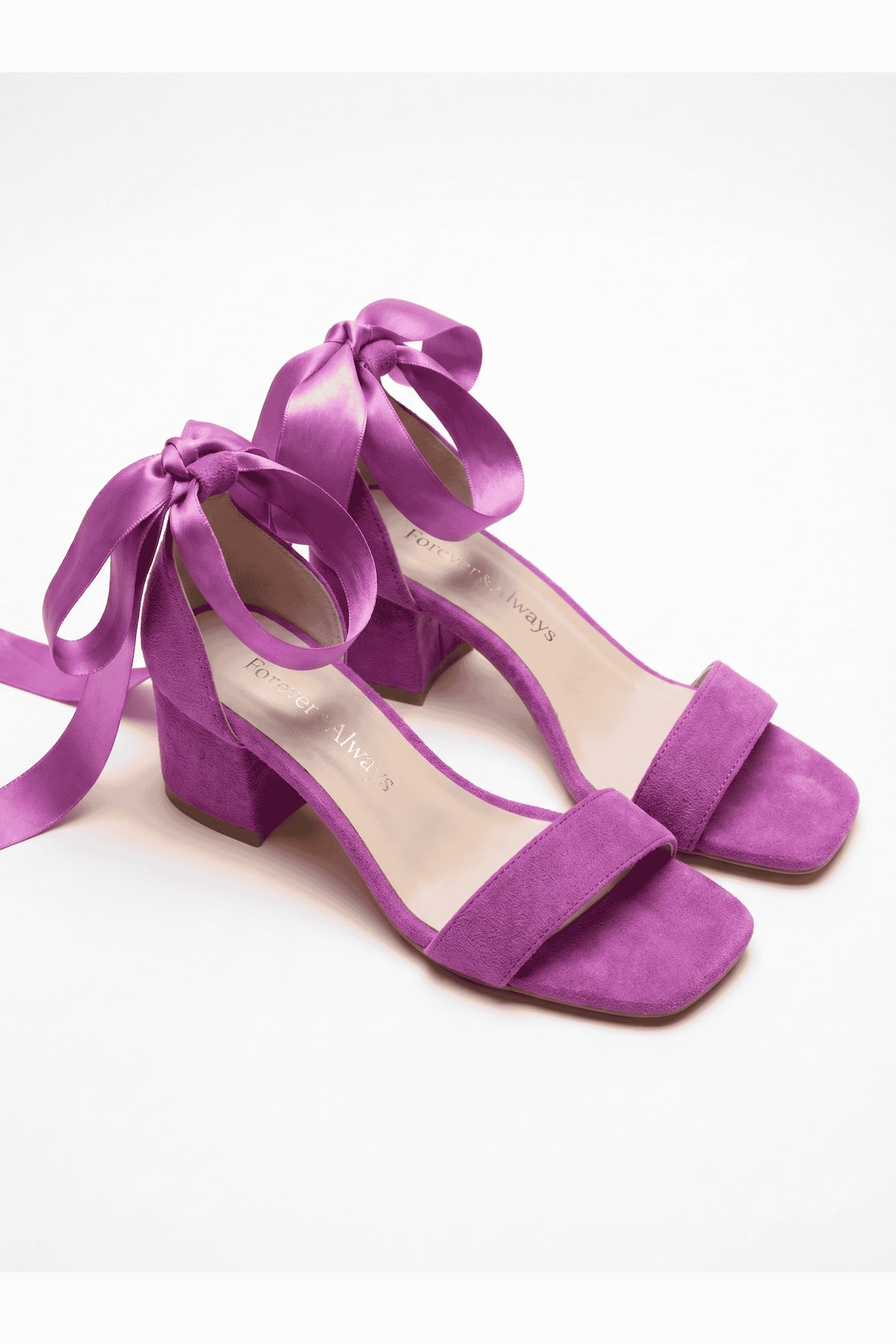 Rova Fuchsia Suede Satin Ribbon Ankle Strap Block Heel Sandal – heel view showing satin, suede, SimmiUnique