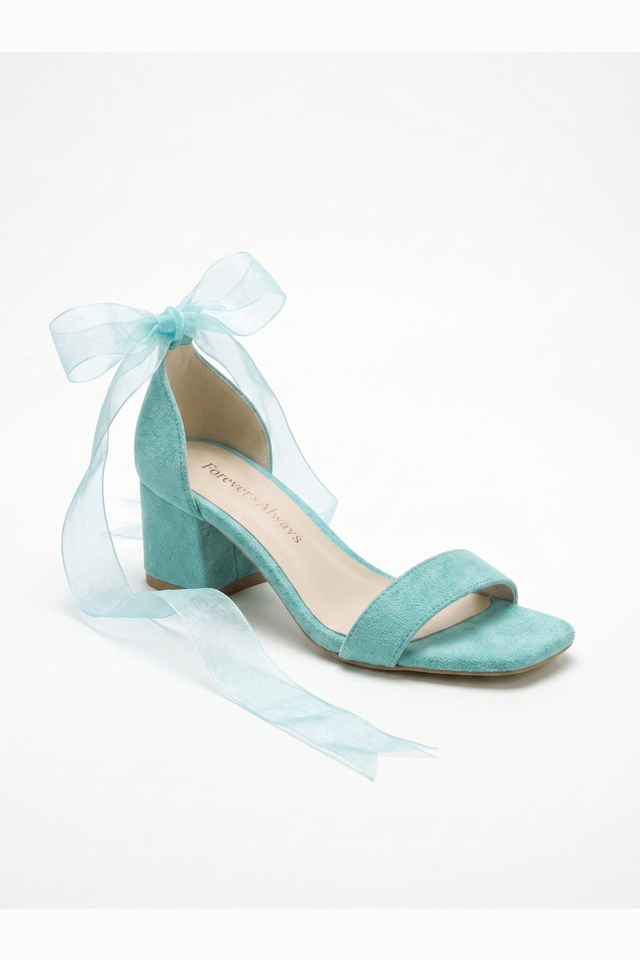 Rova Aqua Blue Suede Organza Ribbon Ankle Strap Block Heel Sandal