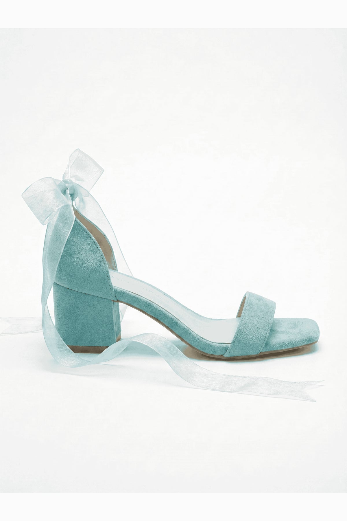 Rova Aqua Blue Suede Organza Ribbon Ankle Strap Block Heel Sandal – side view showing suede, blue, SimmiUnique