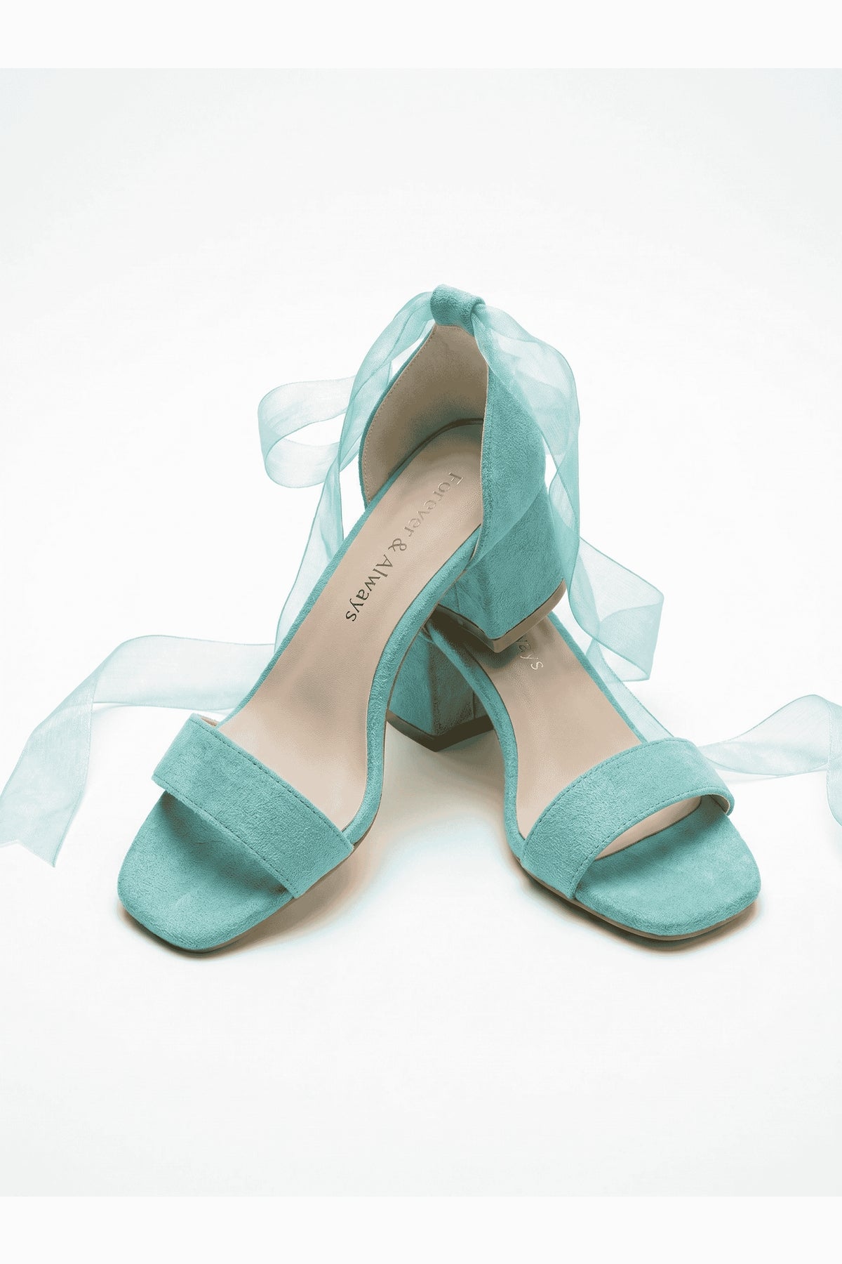 Rova Aqua Blue Suede Organza Ribbon Ankle Strap Block Heel Sandal – back view showing suede, blue, SimmiUnique