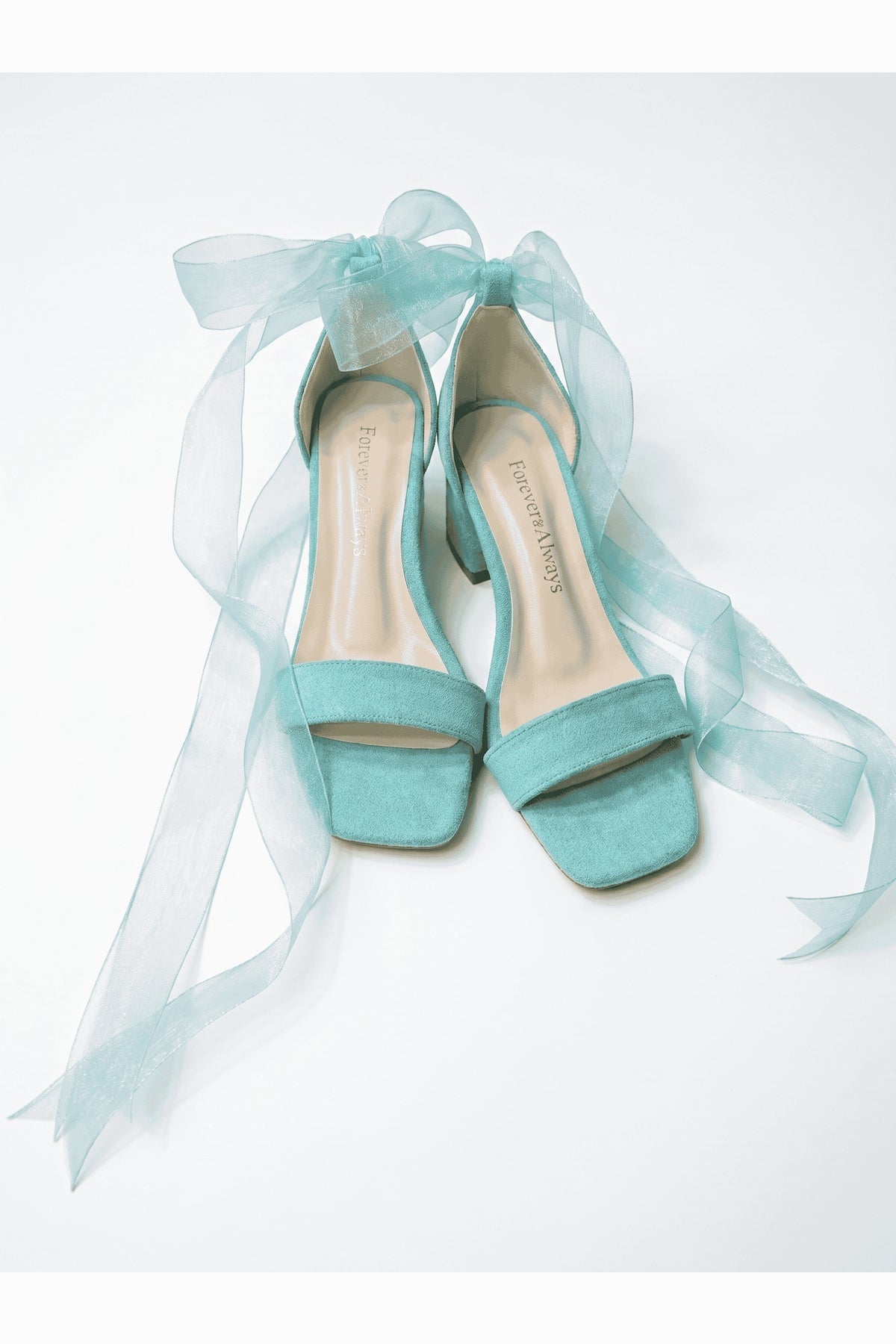 Rova Aqua Blue Suede Organza Ribbon Ankle Strap Block Heel Sandal – top view showing suede, blue, SimmiUnique