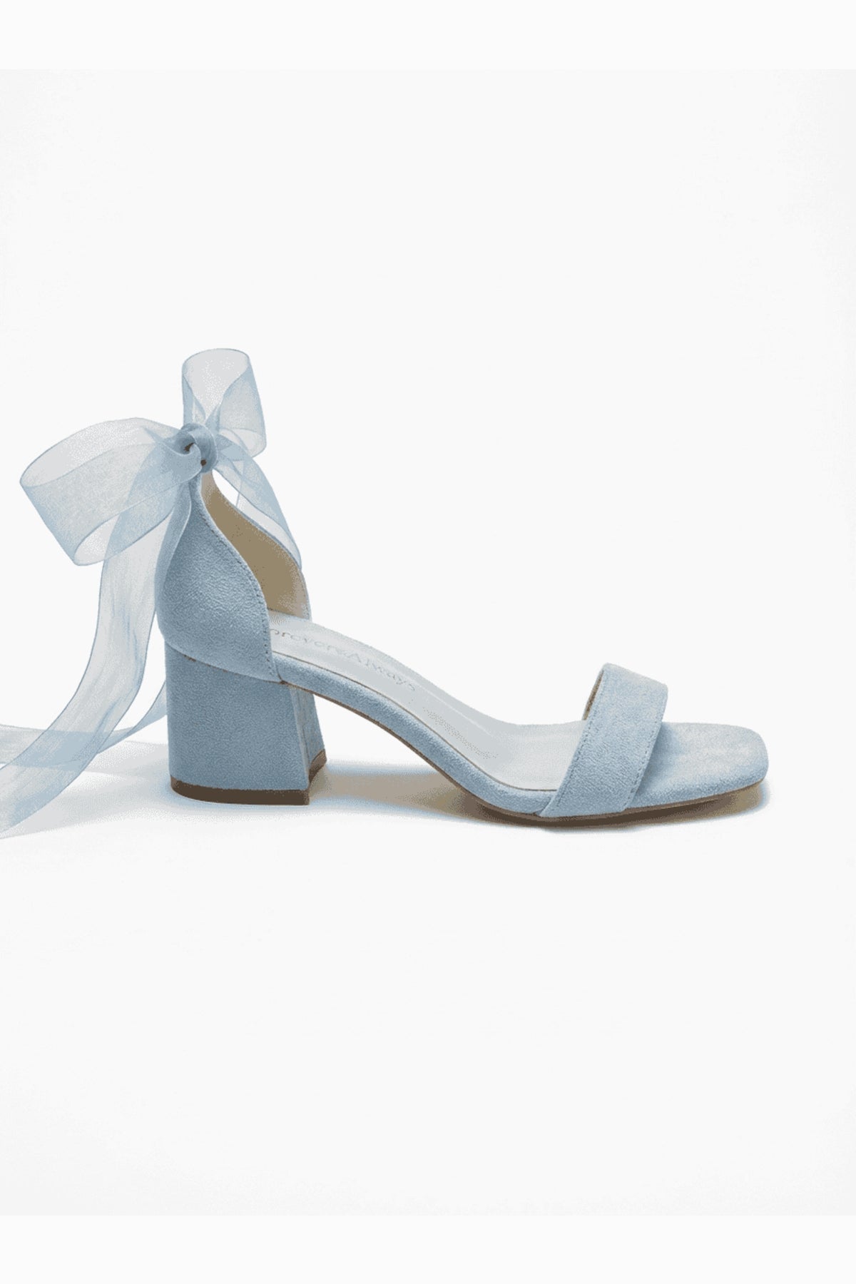 Rova Blue Suede Organza Ribbon Ankle Strap Block Heel Sandal – side view showing suede, blue, SimmiUnique