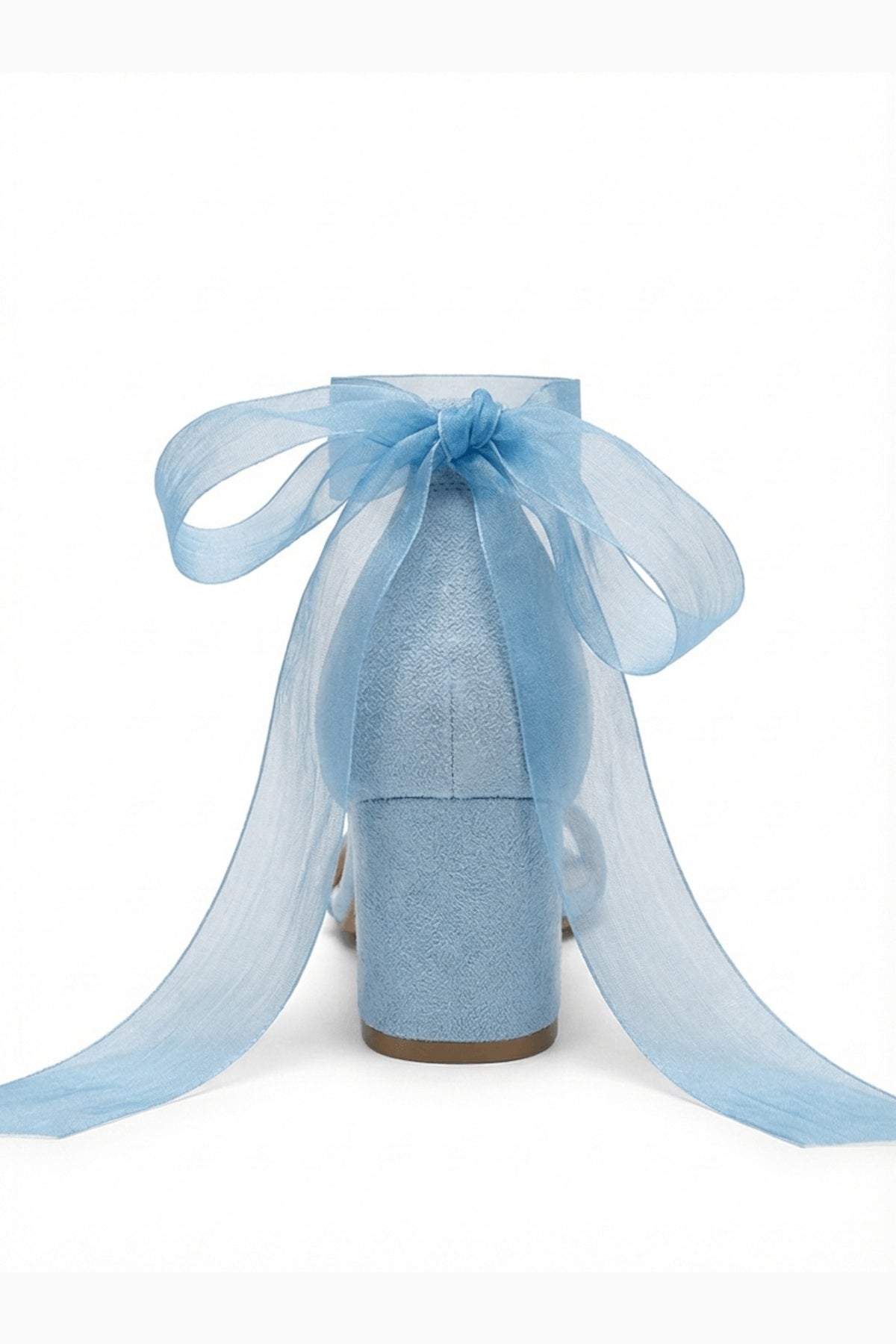 Rova Blue Suede Organza Ribbon Ankle Strap Block Heel Sandal – detail view showing suede, blue, SimmiUnique