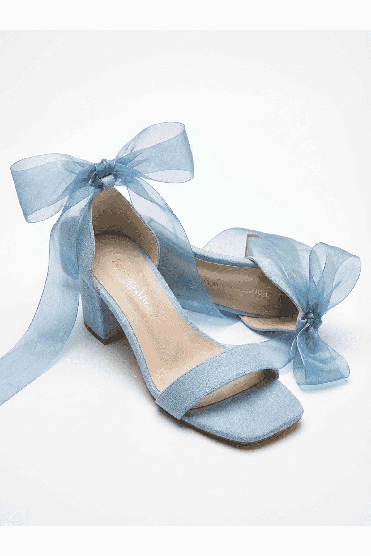 Rova Blue Suede Organza Ribbon Ankle Strap Block Heel Sandal – heel view showing suede, blue, SimmiUnique