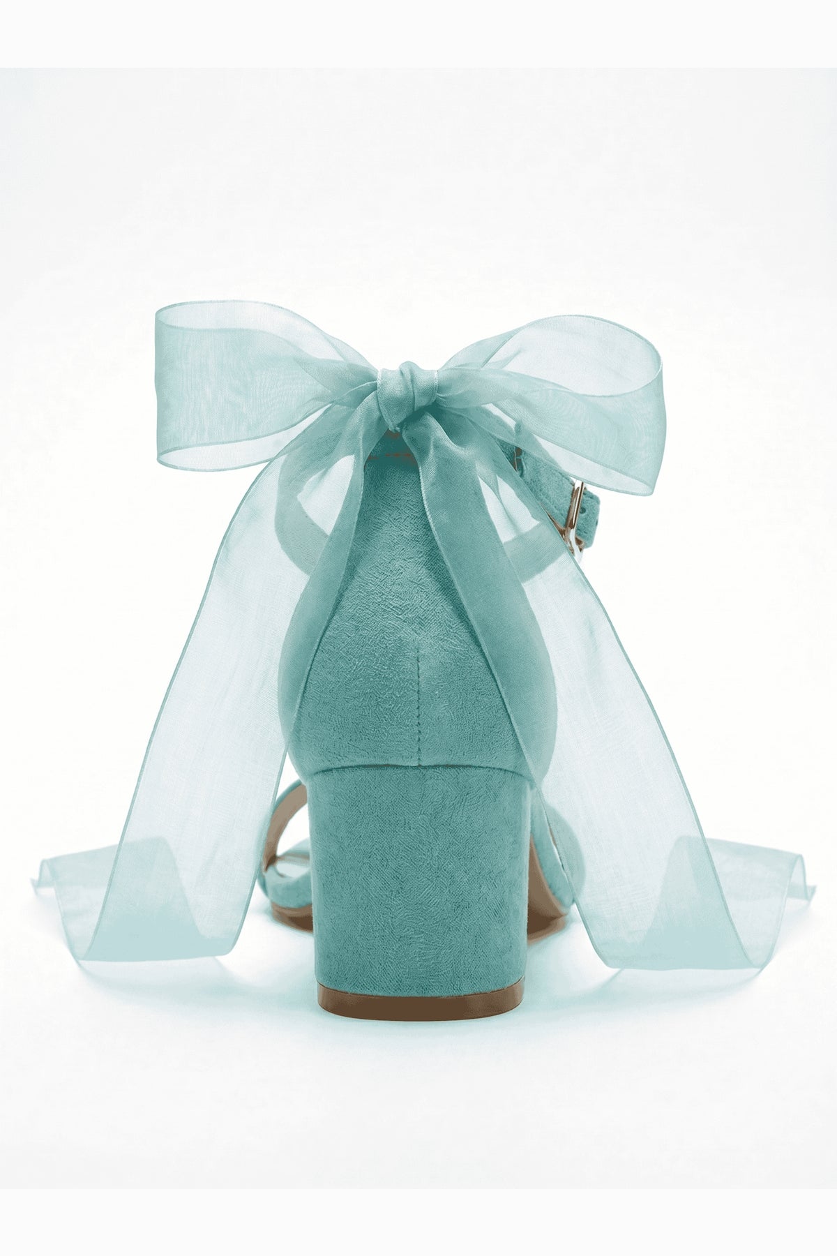 Rochelle Aqua Suede Organza Tulle Ribbon Ankle Strap Block Heel Sandal – detail view showing suede, red, SimmiUnique