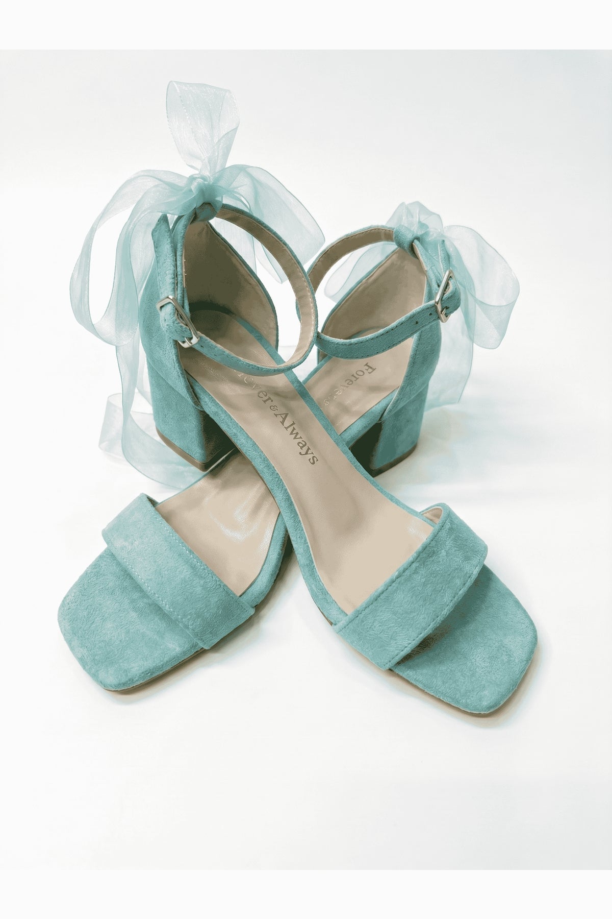Rochelle Aqua Suede Organza Tulle Ribbon Ankle Strap Block Heel Sandal – heel view showing suede, red, SimmiUnique