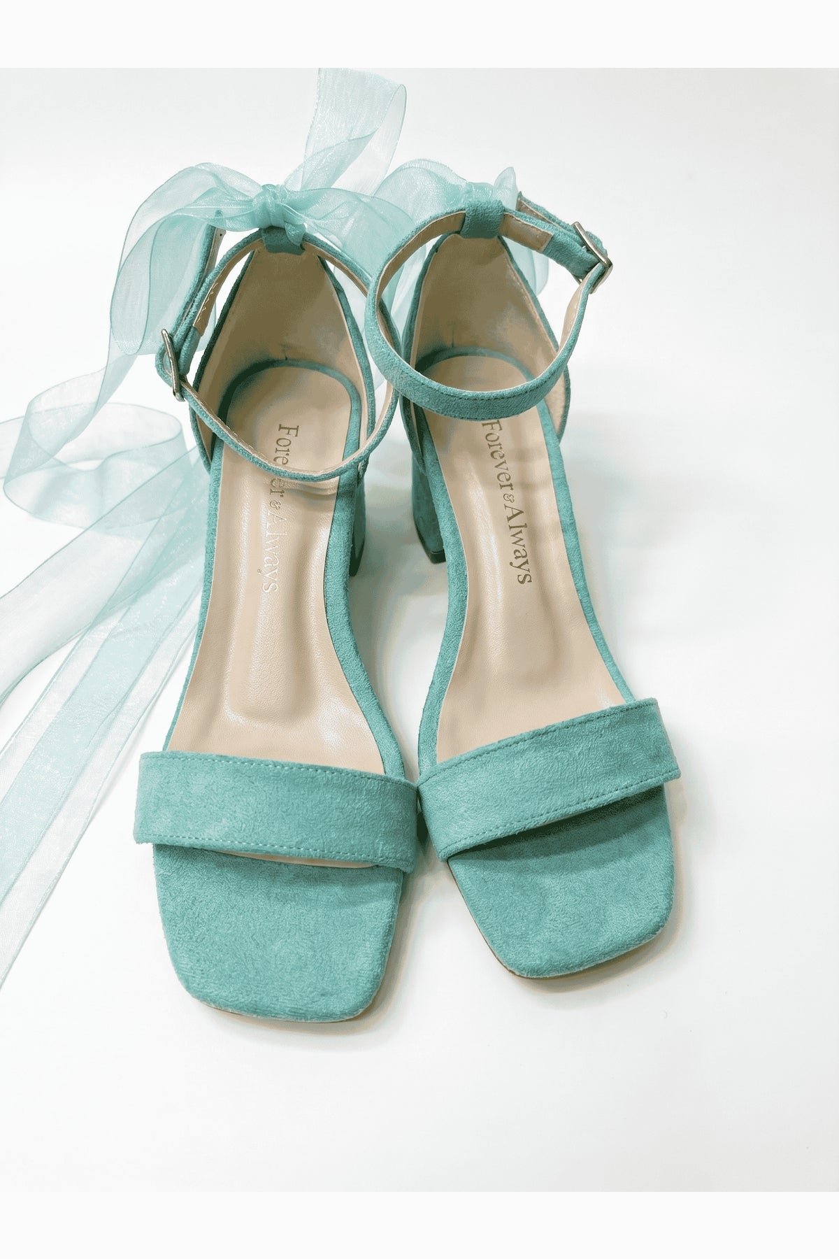 Rochelle Aqua Suede Organza Tulle Ribbon Ankle Strap Block Heel Sandal – back view showing suede, red, SimmiUnique