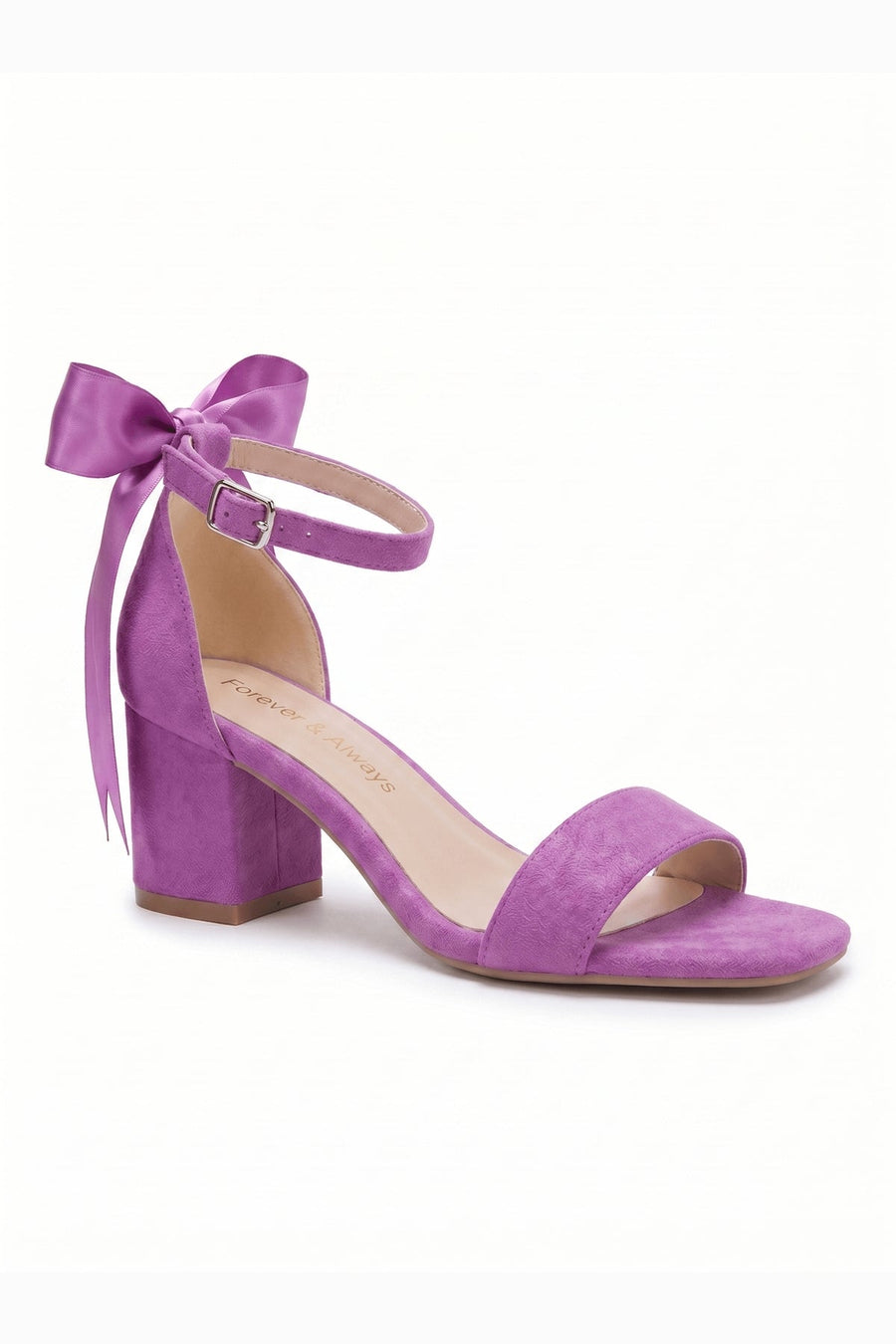 Rochelle Fuchsia Suede Satin Ribbon Ankle Strap Block Heel Sandal