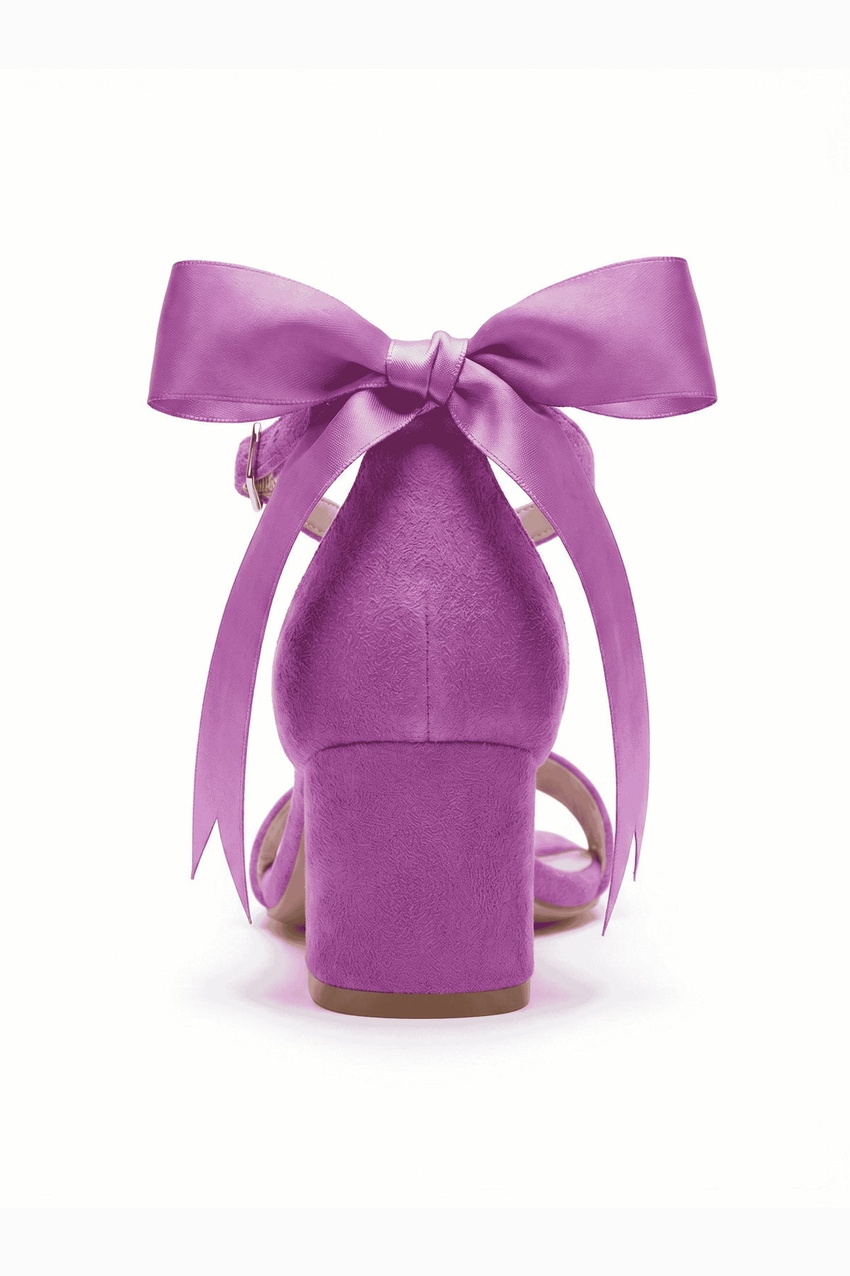 Rochelle Fuchsia Suede Satin Ribbon Ankle Strap Block Heel Sandal – detail view showing satin, suede, red, SimmiUnique
