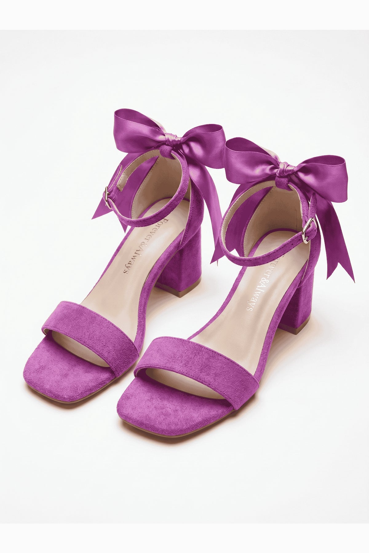 Rochelle Fuchsia Suede Satin Ribbon Ankle Strap Block Heel Sandal – back view showing satin, suede, red, SimmiUnique